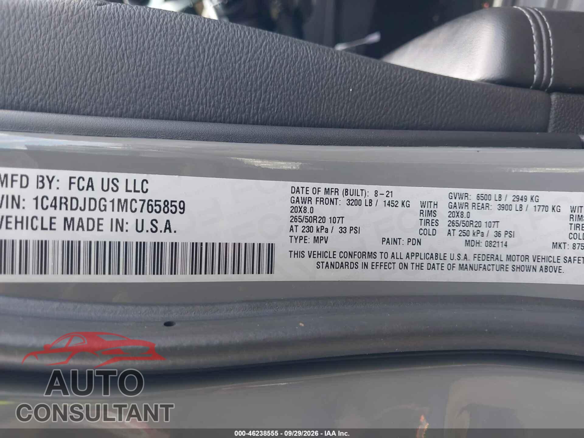 DODGE DURANGO 2021 - 1C4RDJDG1MC765859