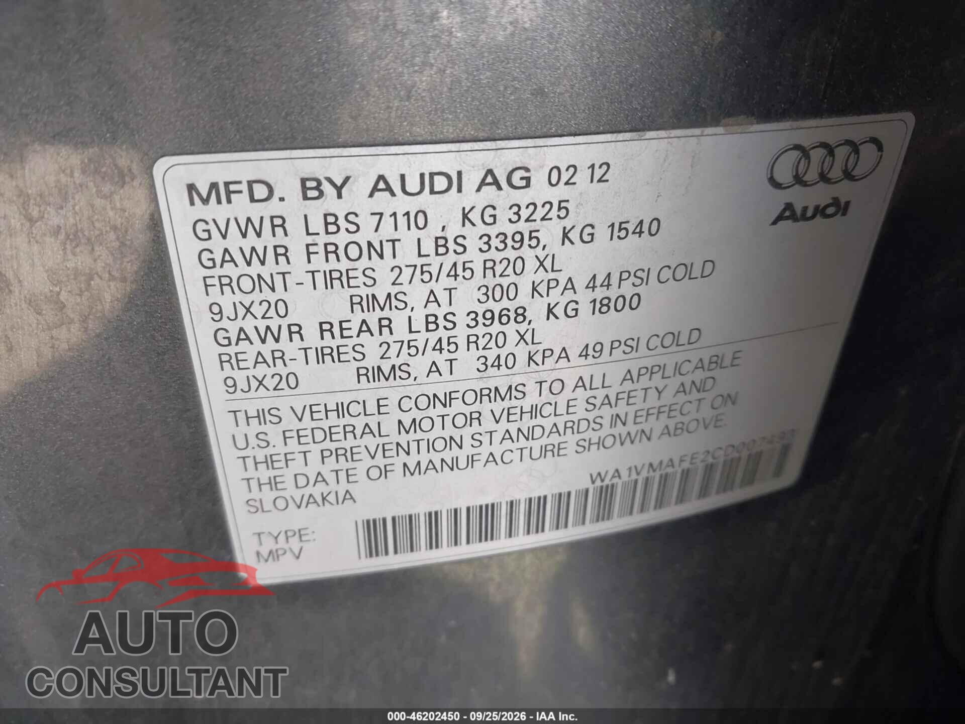 AUDI Q7 2012 - WA1VMAFE2CD007493