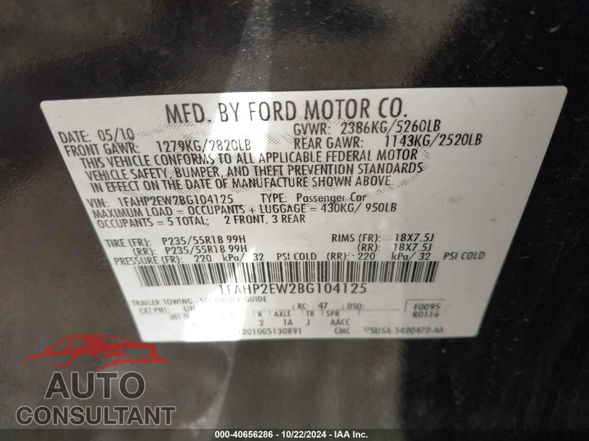 FORD TAURUS 2011 - 1FAHP2EW2BG104125