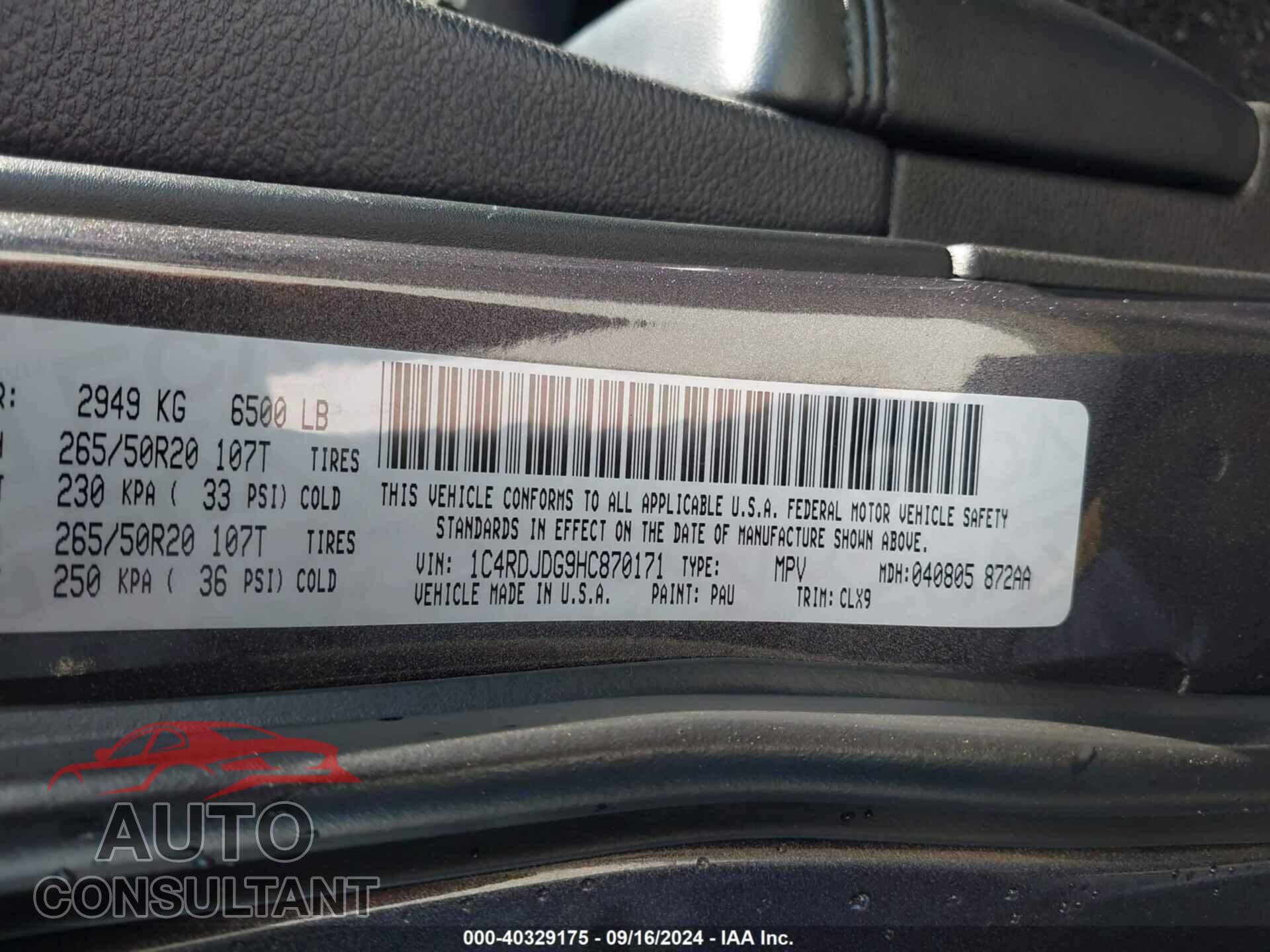 DODGE DURANGO 2017 - 1C4RDJDG9HC870171