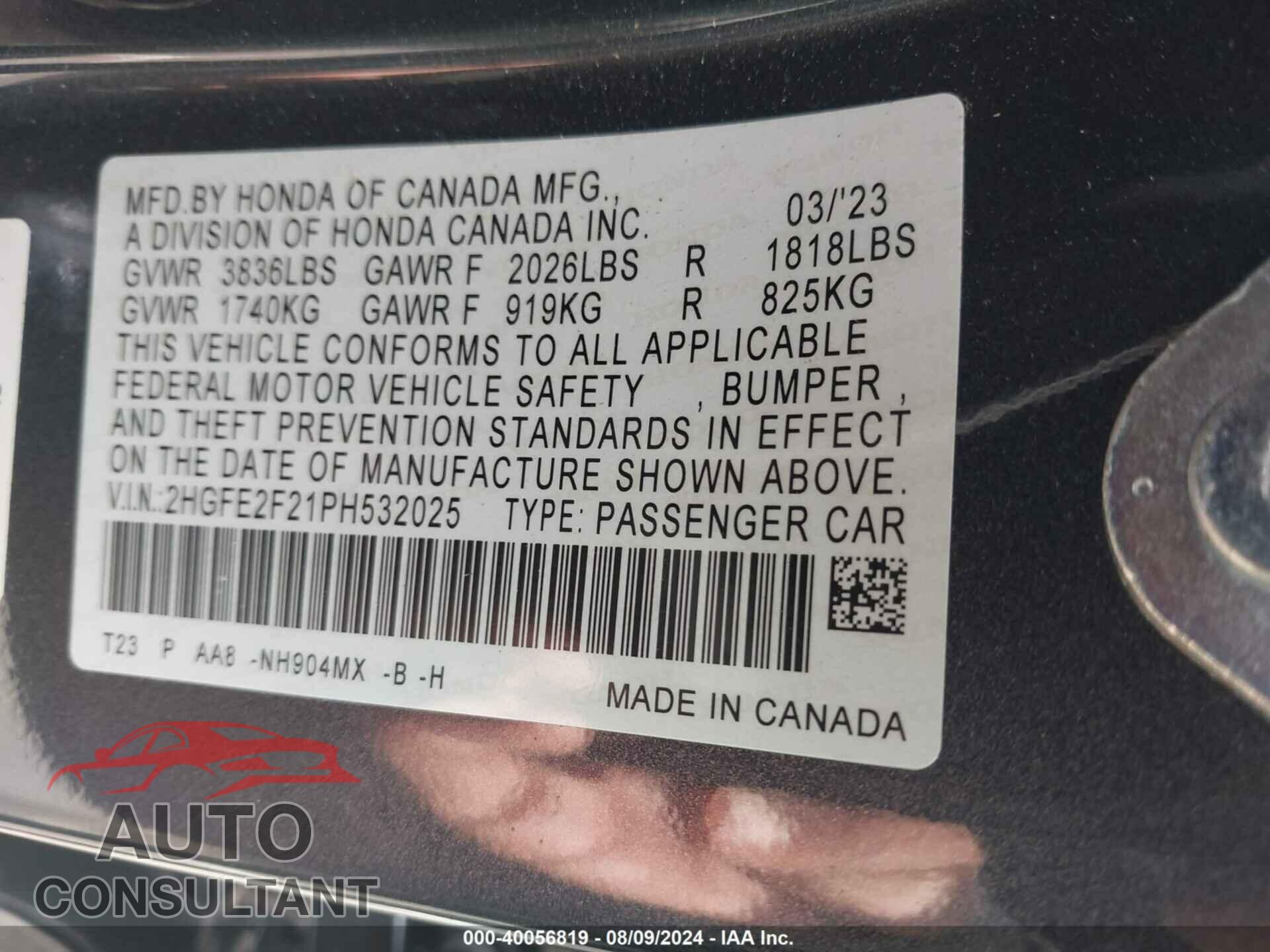 HONDA CIVIC 2023 - 2HGFE2F21PH532025