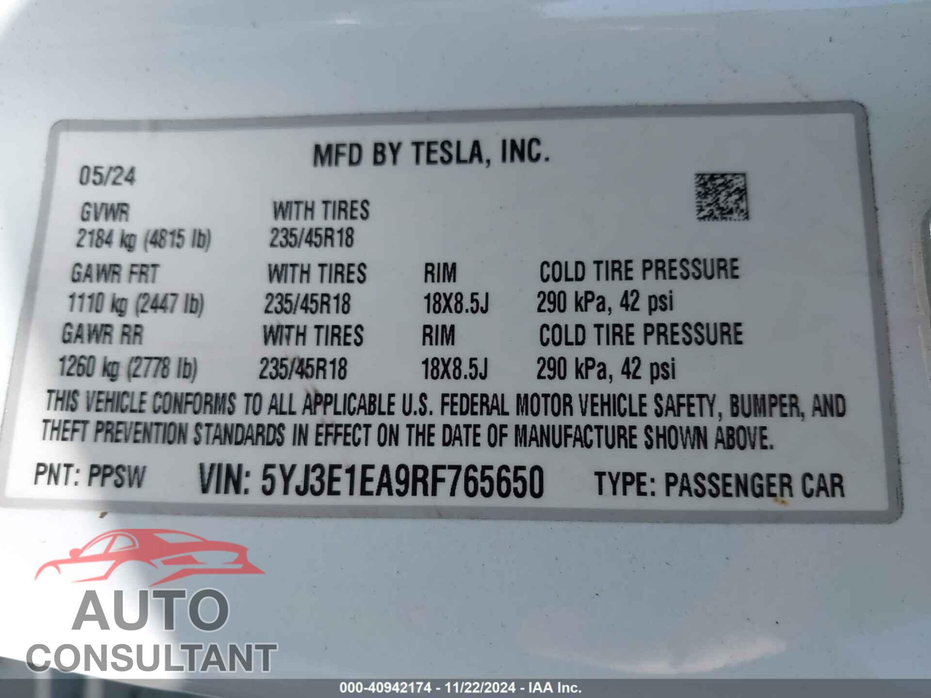 TESLA MODEL 3 2024 - 5YJ3E1EA9RF765650
