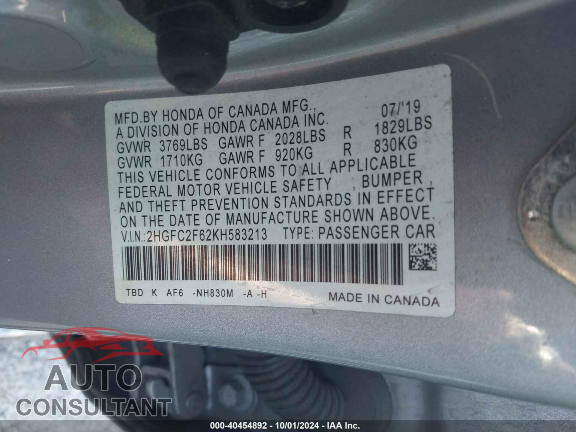 HONDA CIVIC 2019 - 2HGFC2F62KH583213