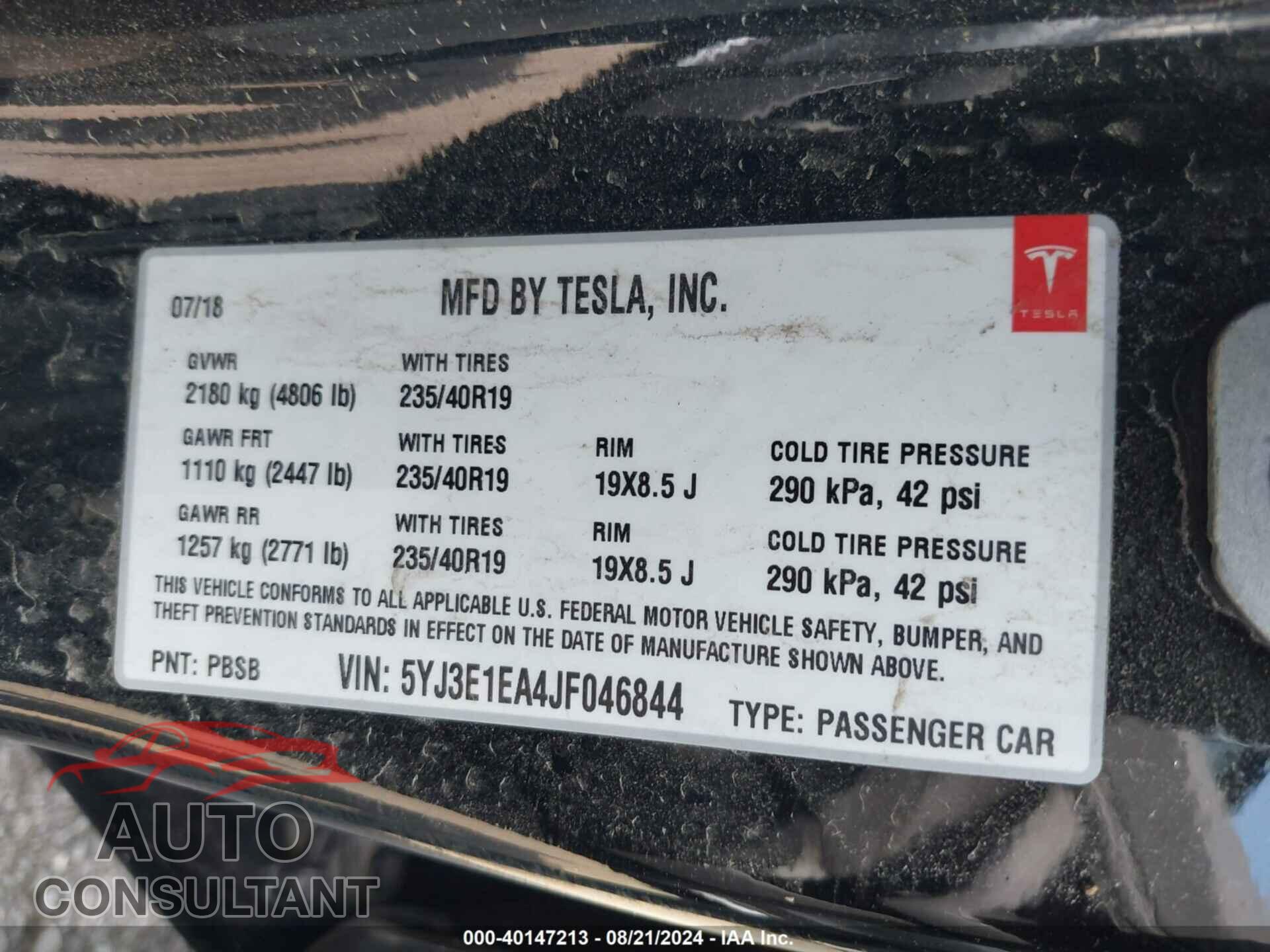 TESLA MODEL 3 2018 - 5YJ3E1EA4JF046844