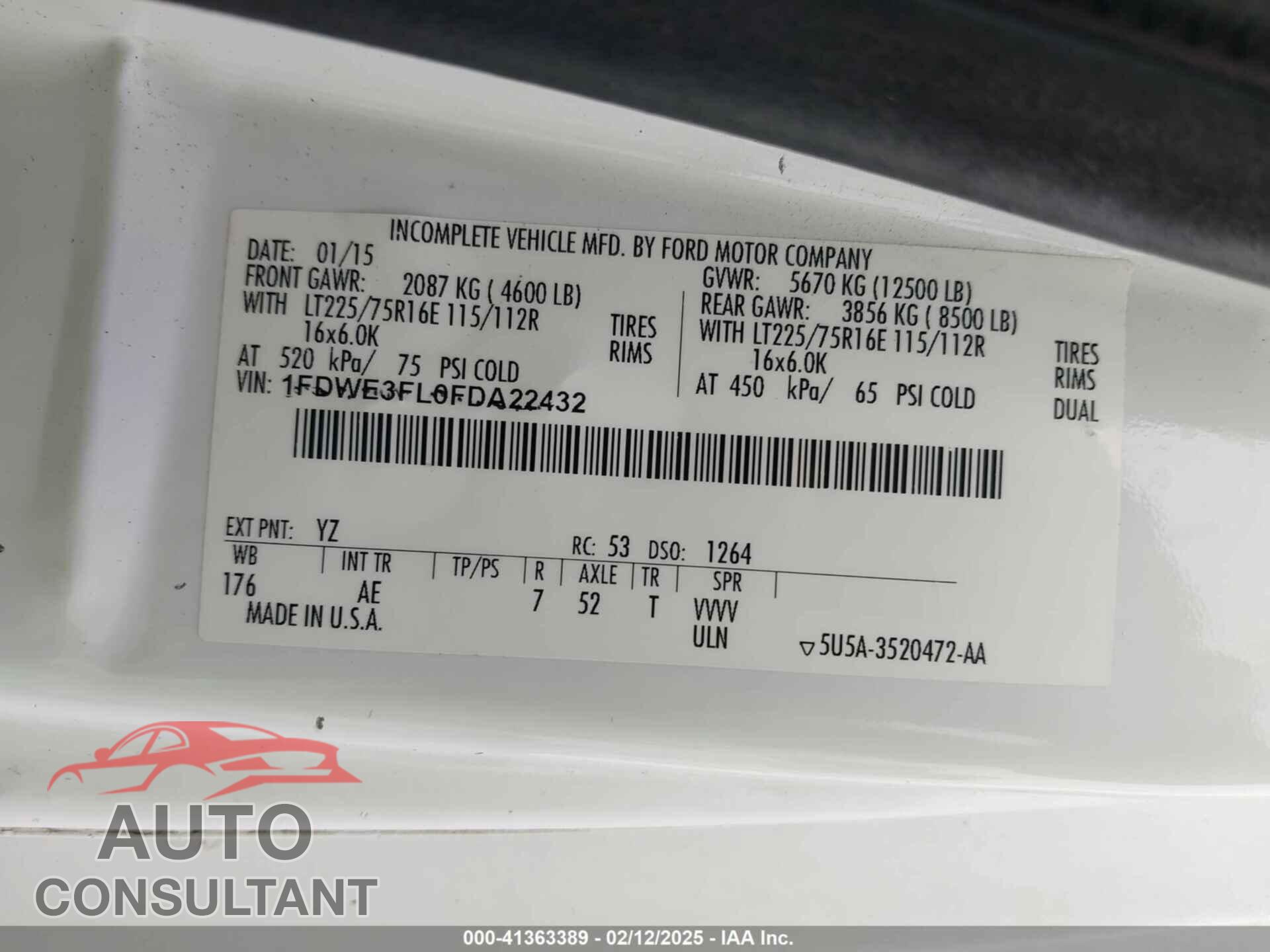 FORD E-350 CUTAWAY 2015 - 1FDWE3FL0FDA22432