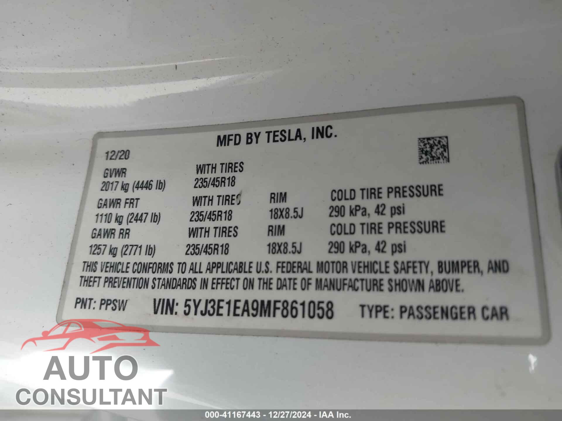 TESLA MODEL 3 2021 - 5YJ3E1EA9MF861058