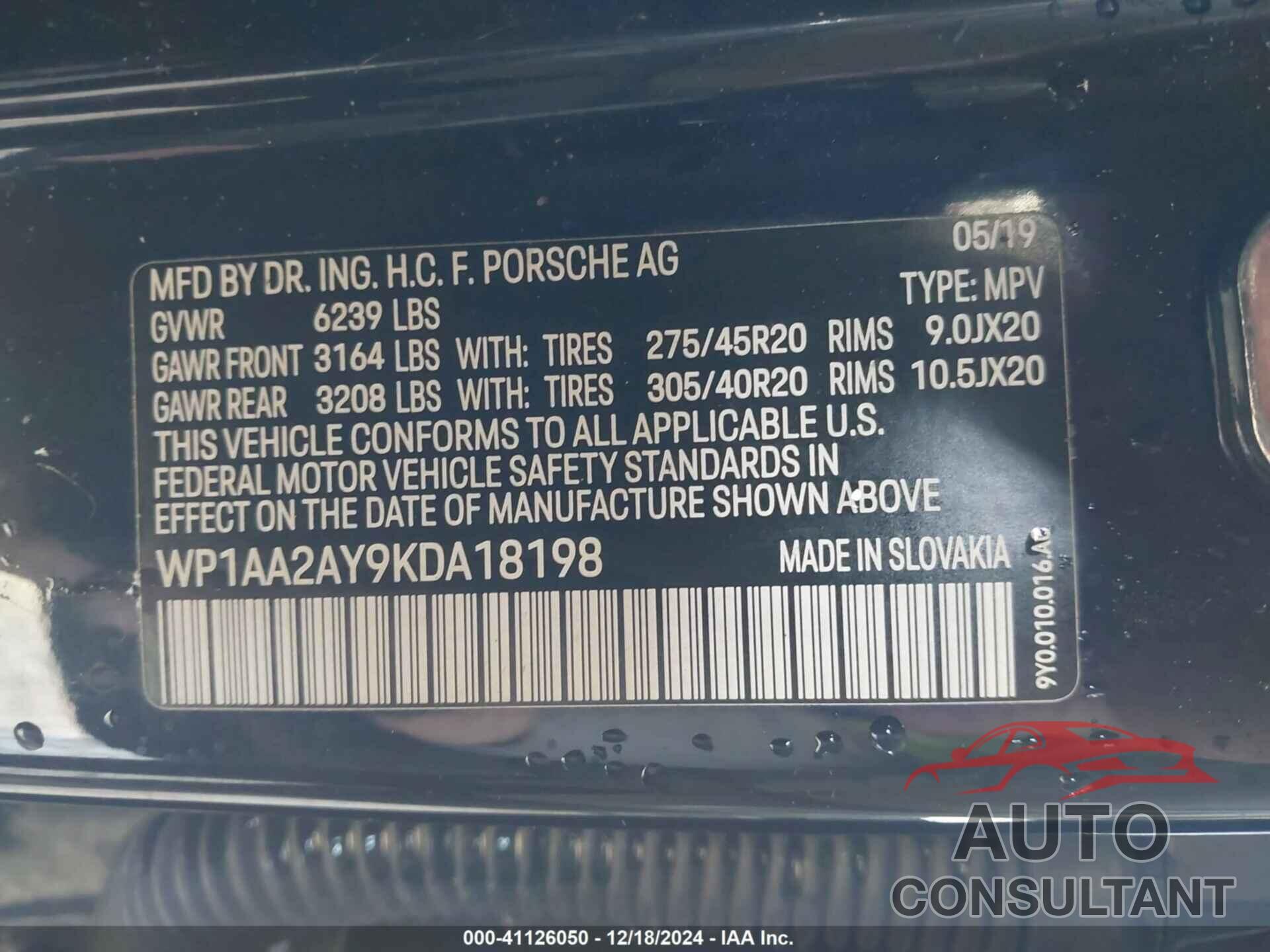 PORSCHE CAYENNE 2019 - WP1AA2AY9KDA18198