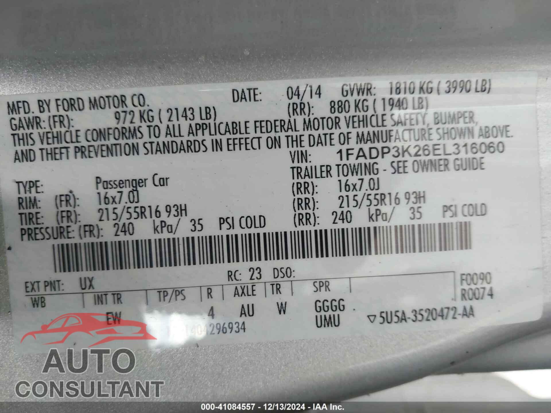 FORD FOCUS 2014 - 1FADP3K26EL316060