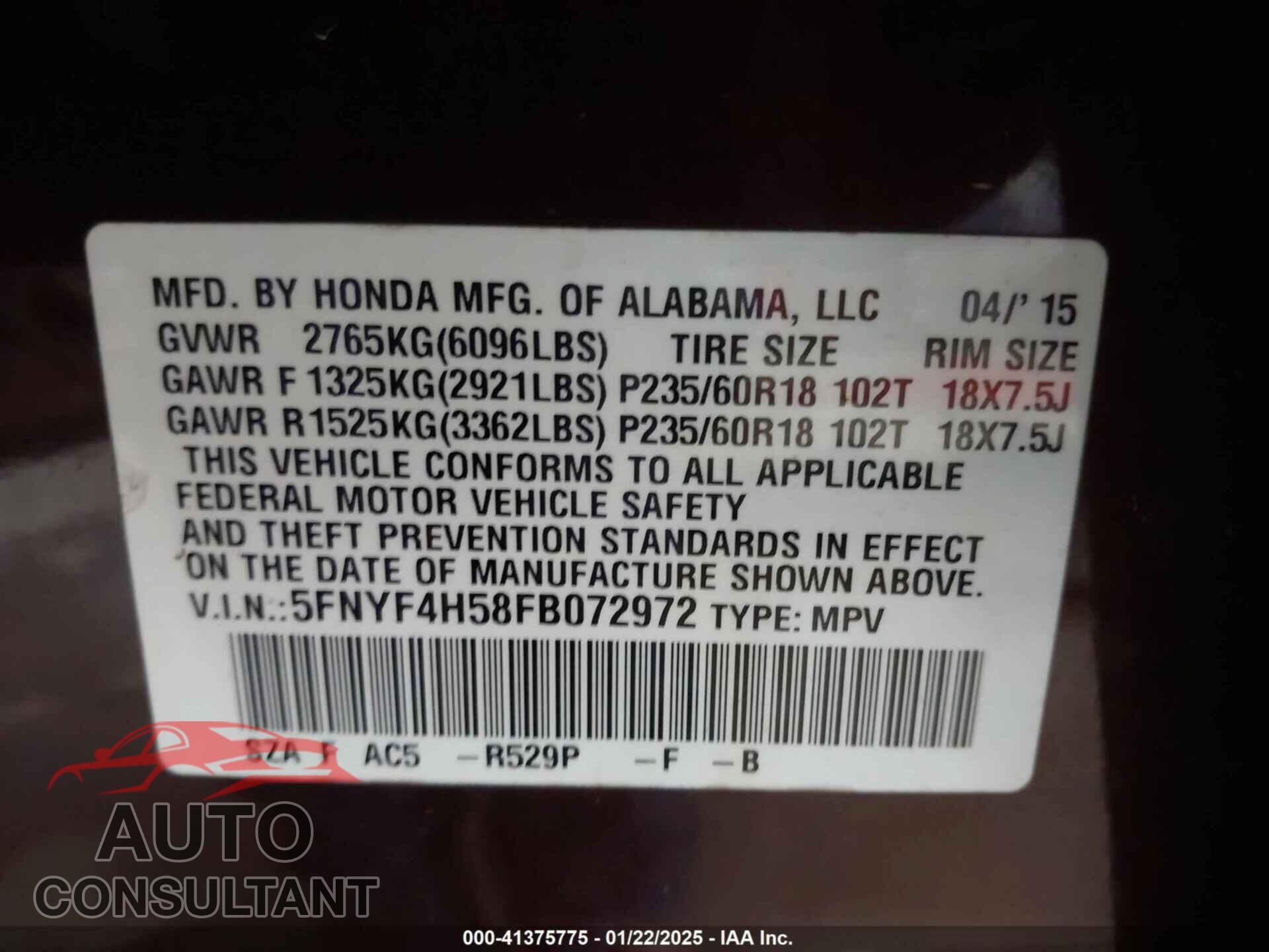 HONDA PILOT 2015 - 5FNYF4H58FB072972