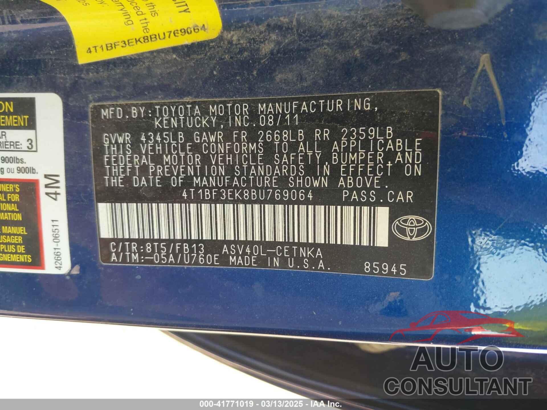 TOYOTA CAMRY 2011 - 4T1BF3EK8BU769064