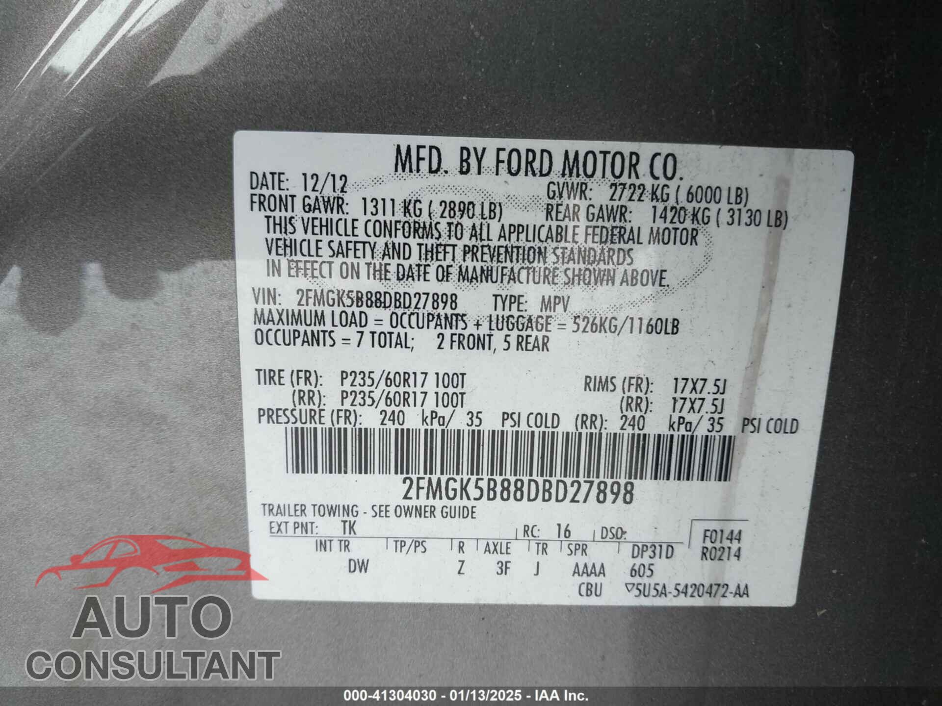 FORD FLEX 2013 - 2FMGK5B88DBD27898