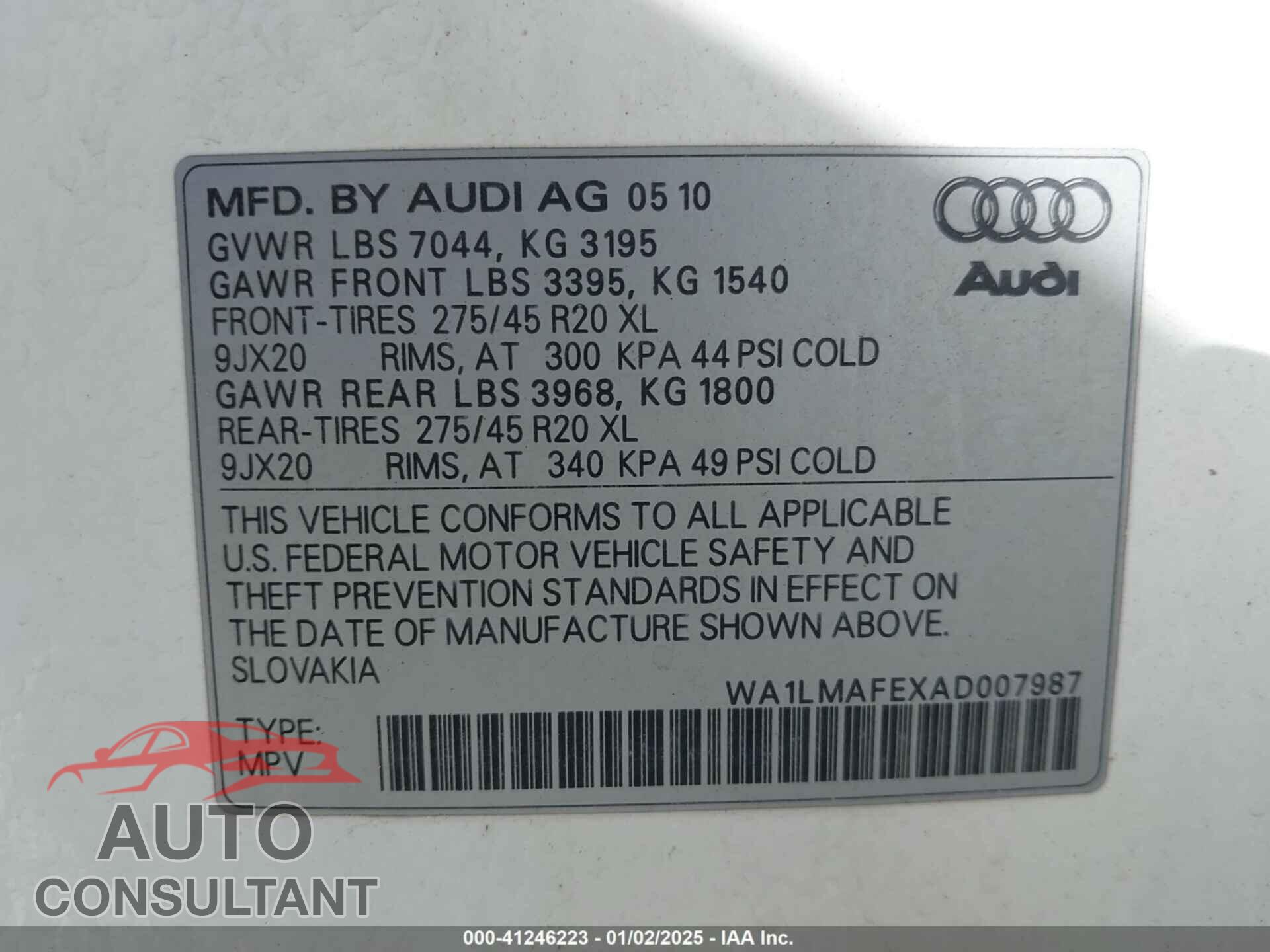 AUDI Q7 2010 - WA1LMAFEXAD007987