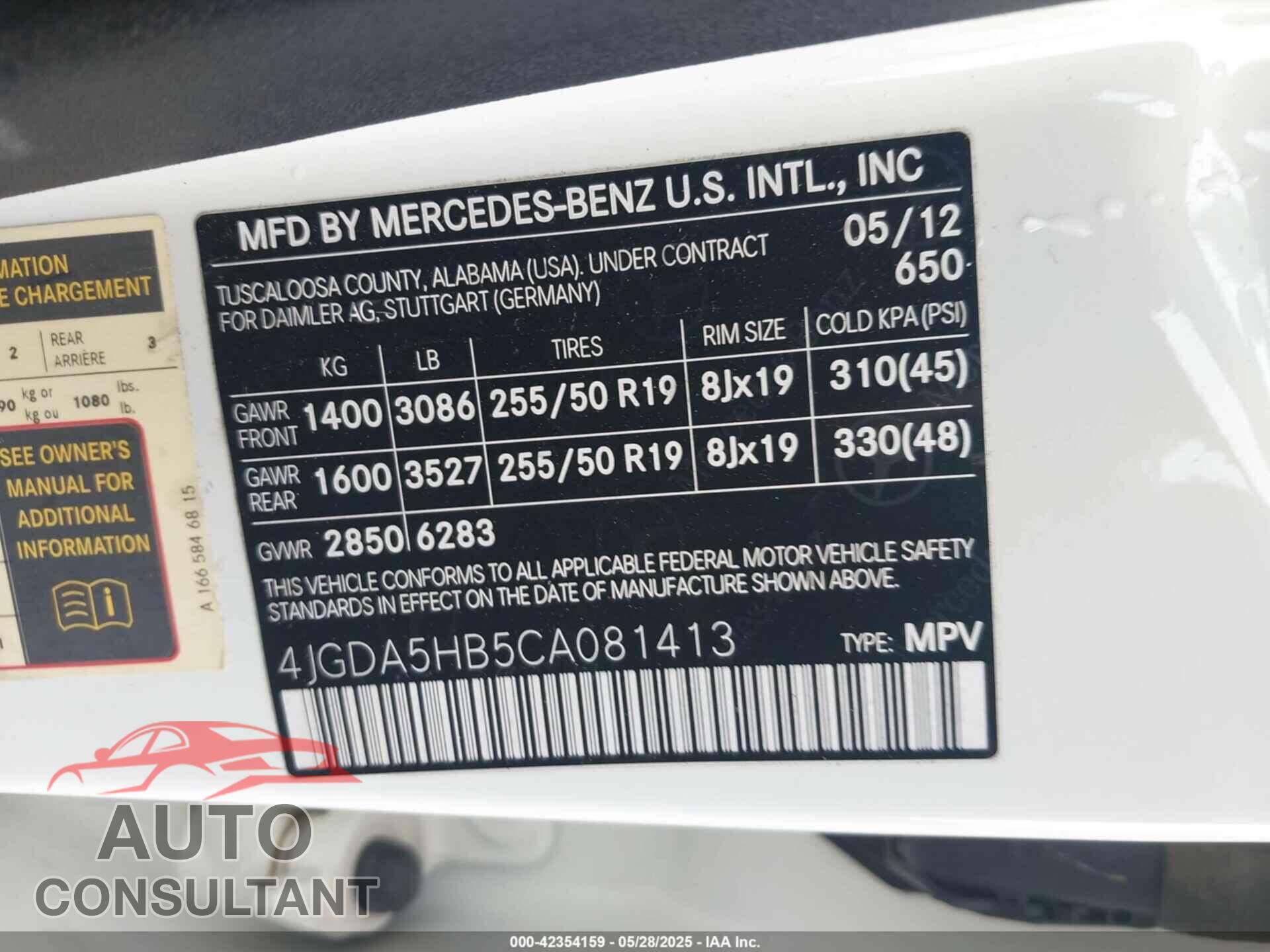 MERCEDES-BENZ ML 2012 - 4JGDA5HB5CA081413