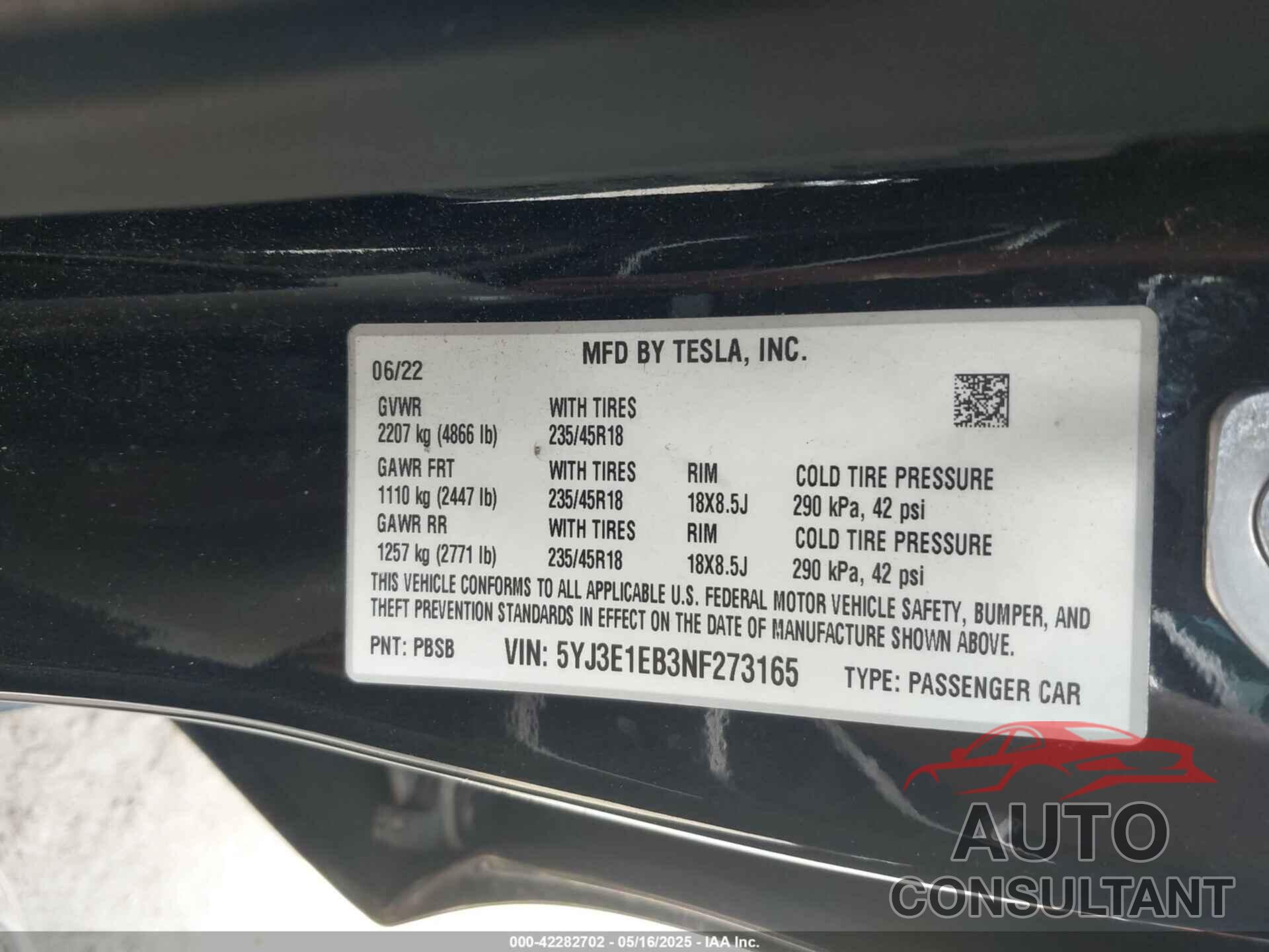TESLA MODEL 3 2022 - 5YJ3E1EB3NF273165