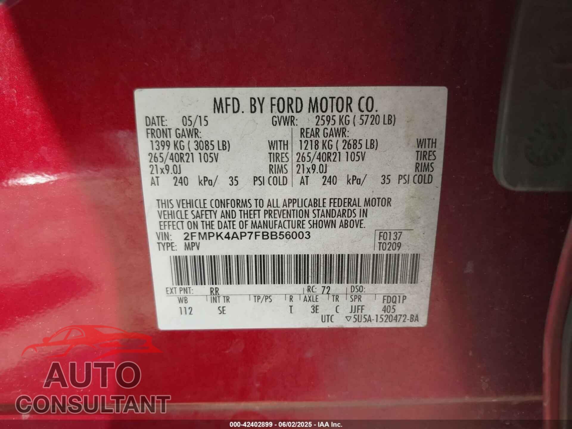 FORD EDGE 2015 - 2FMPK4AP7FBB56003