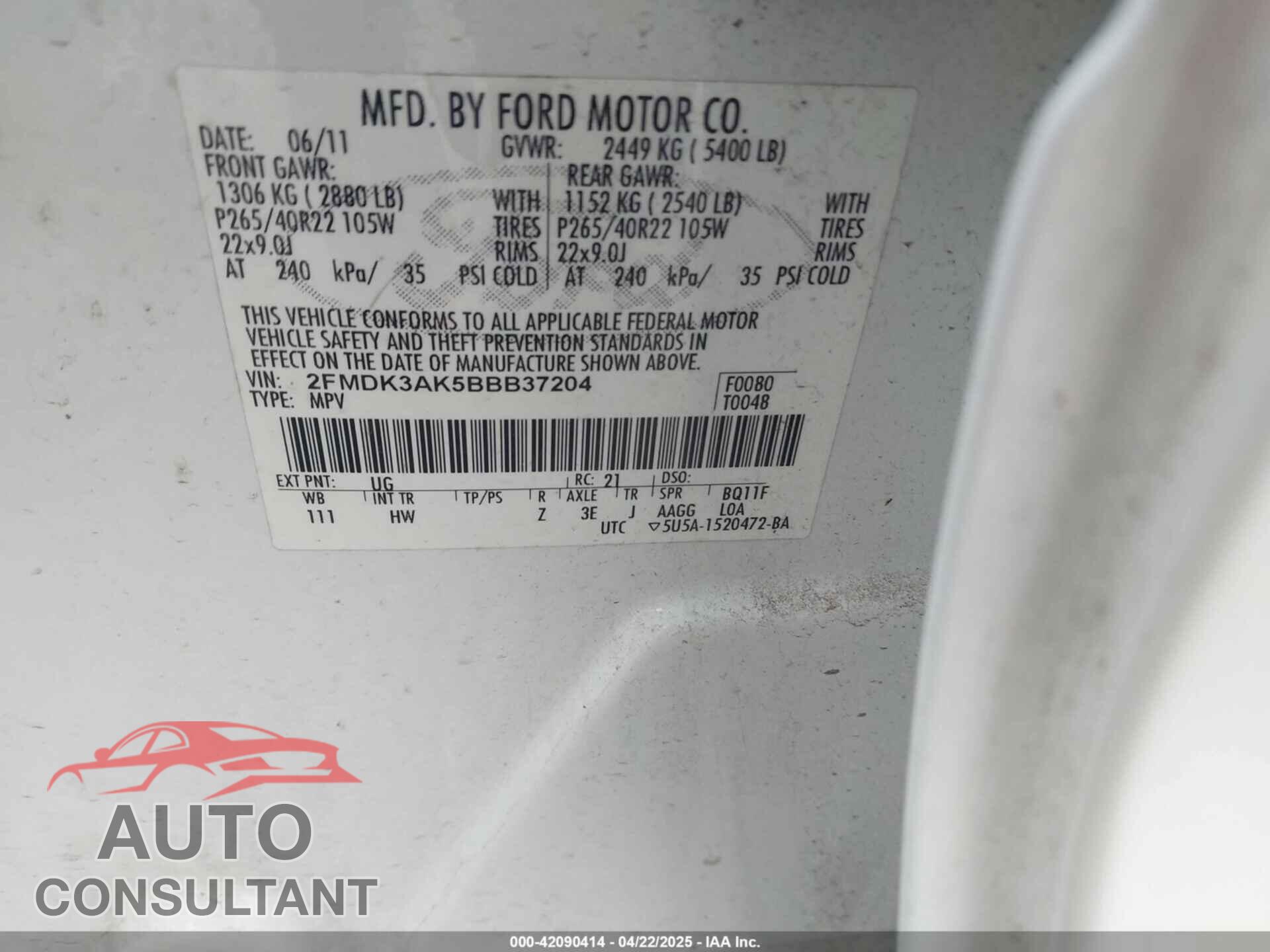 FORD EDGE 2011 - 2FMDK3AK5BBB37204
