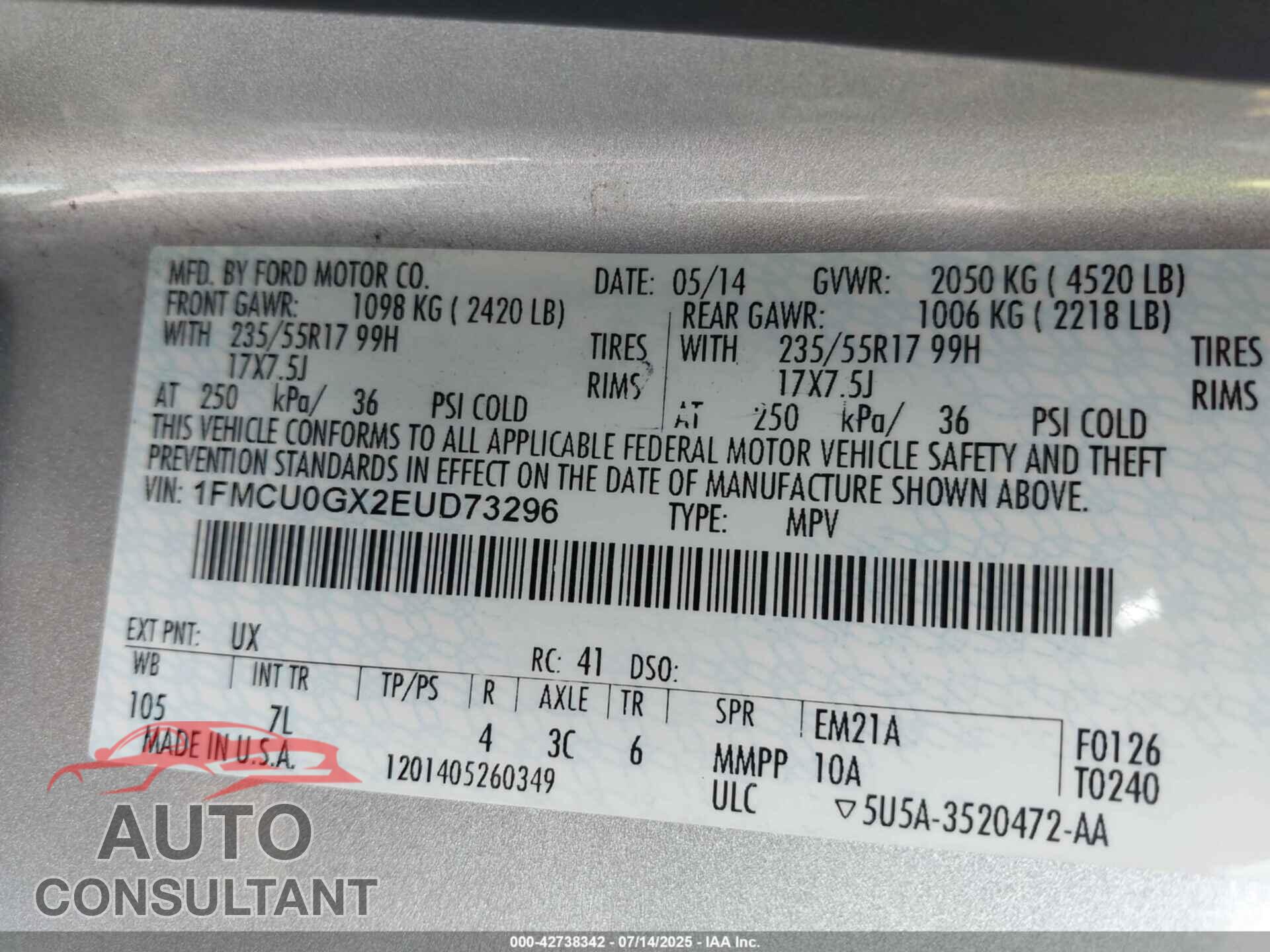 FORD ESCAPE 2014 - 1FMCU0GX2EUD73296