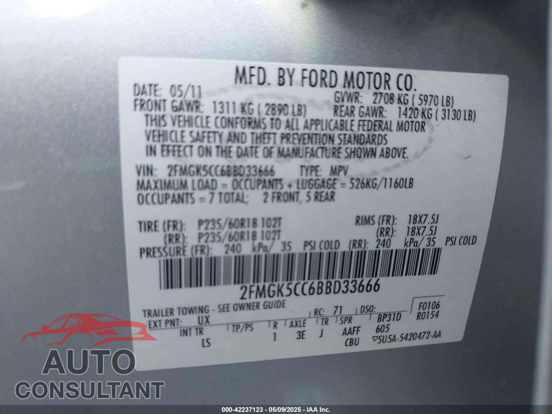 FORD FLEX 2011 - 2FMGK5CC6BBD33666
