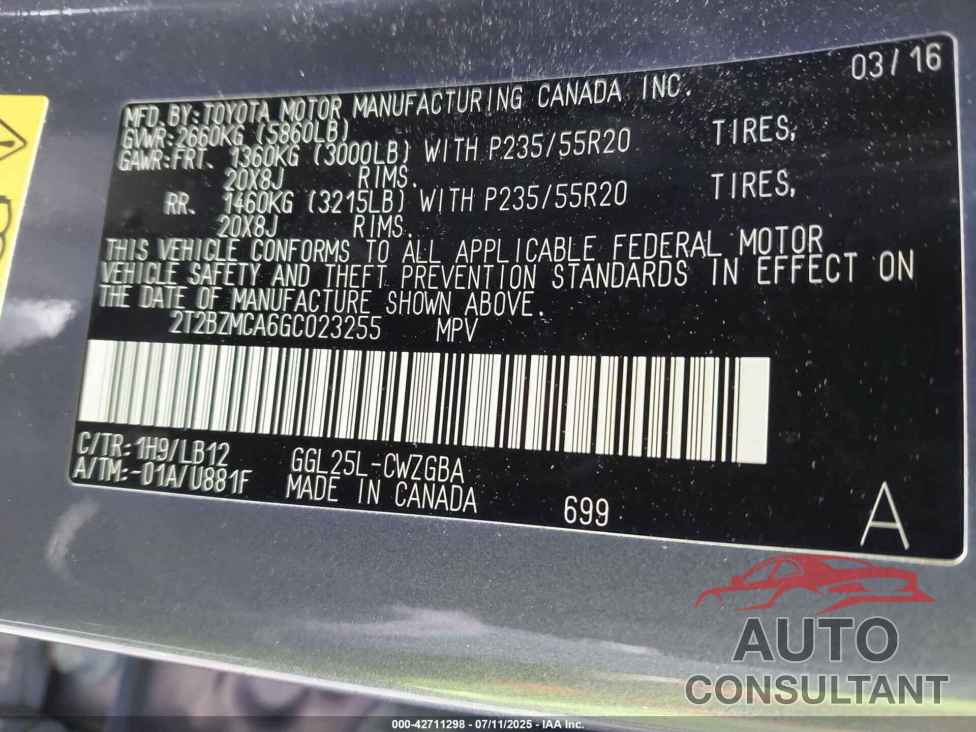 LEXUS RX 350 2016 - 2T2BZMCA6GC023255