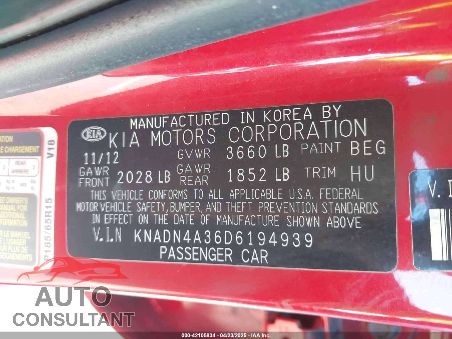 KIA RIO 2013 - KNADN4A36D6194939
