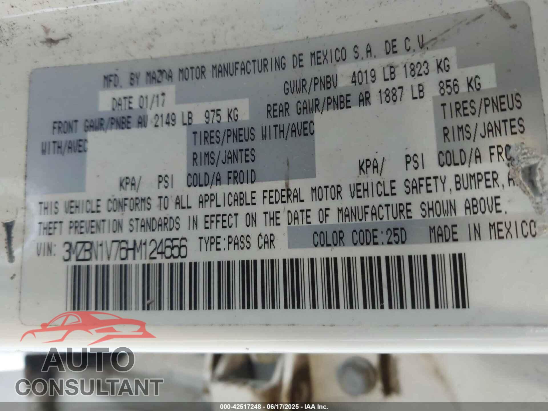 MAZDA MAZDA3 2017 - 3MZBN1V76HM124656