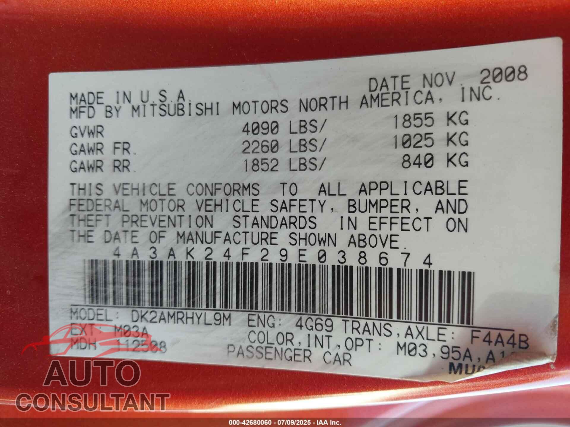 MITSUBISHI ECLIPSE 2009 - 4A3AK24F29E038674