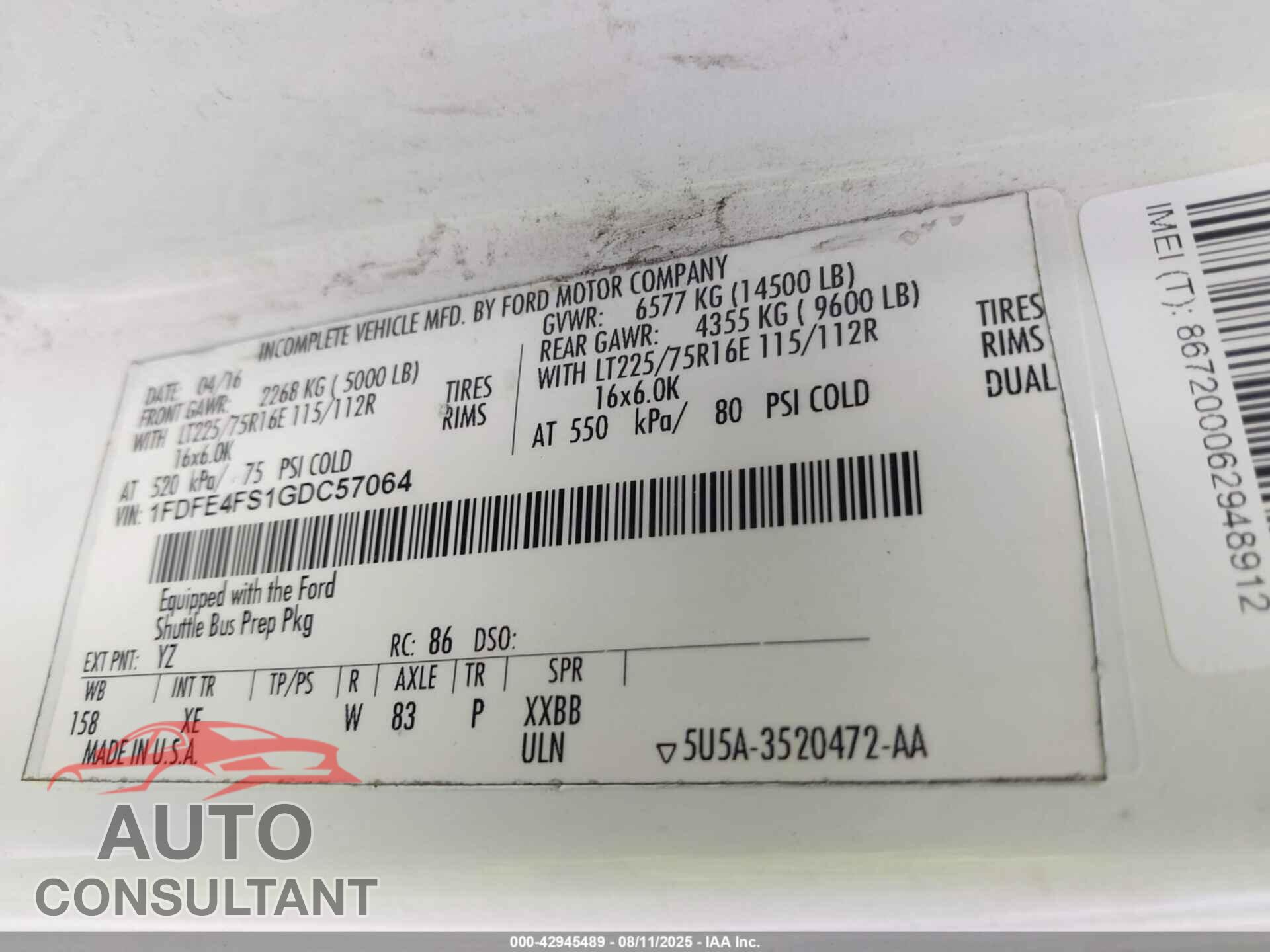 FORD E-450 CUTAWAY 2016 - 1FDFE4FS1GDC57064