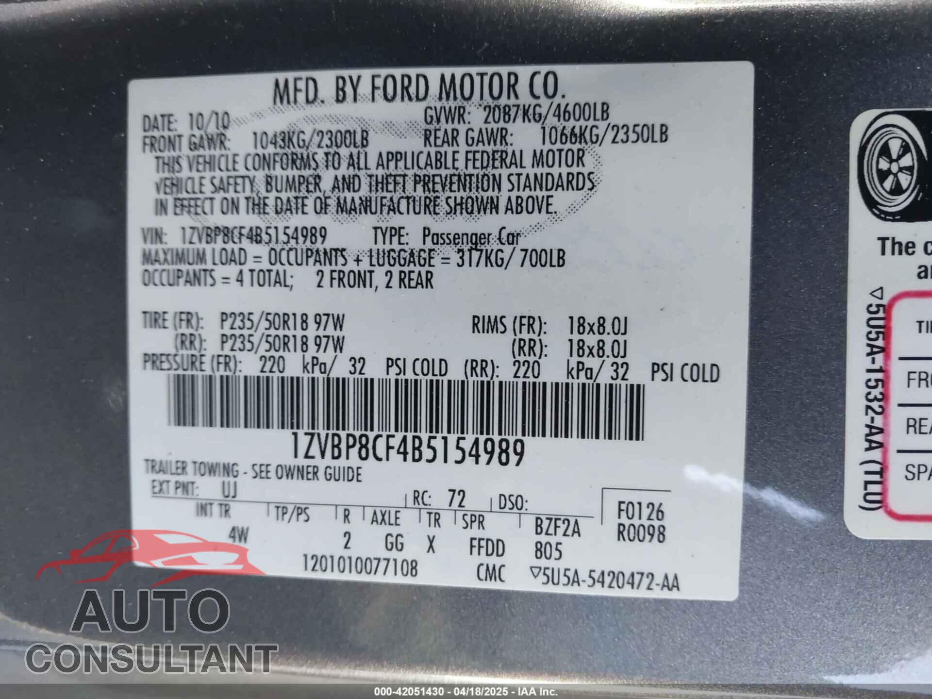 FORD MUSTANG 2011 - 1ZVBP8CF4B5154989