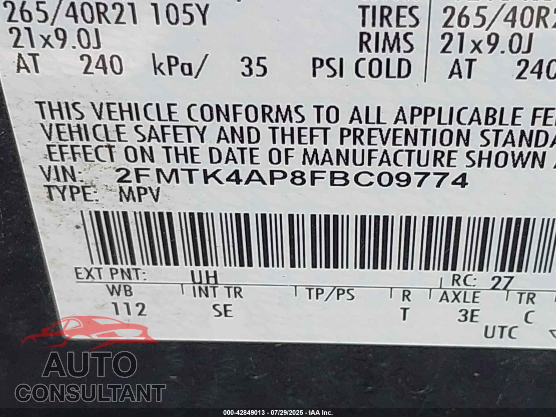 FORD EDGE 2015 - 2FMTK4AP8FBC09774