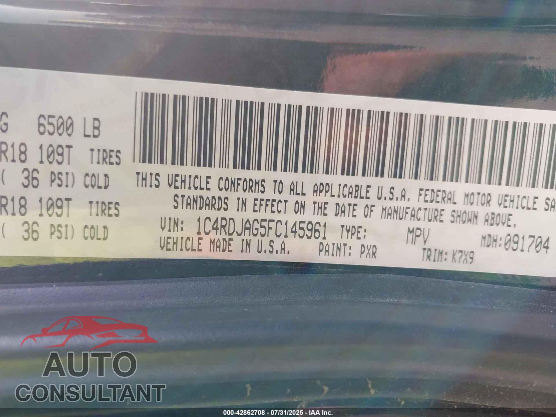 DODGE DURANGO 2015 - 1C4RDJAG5FC145961