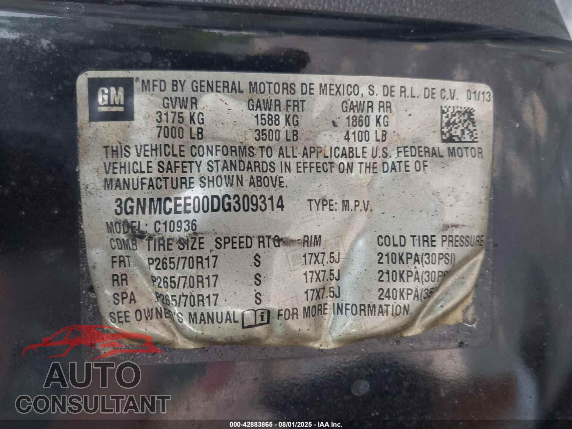 CHEVROLET AVALANCHE 2013 - 3GNMCEE00DG309314