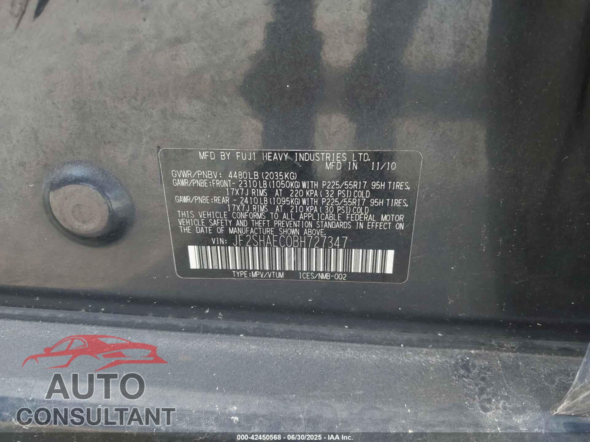 SUBARU FORESTER 2011 - JF2SHAEC0BH727347