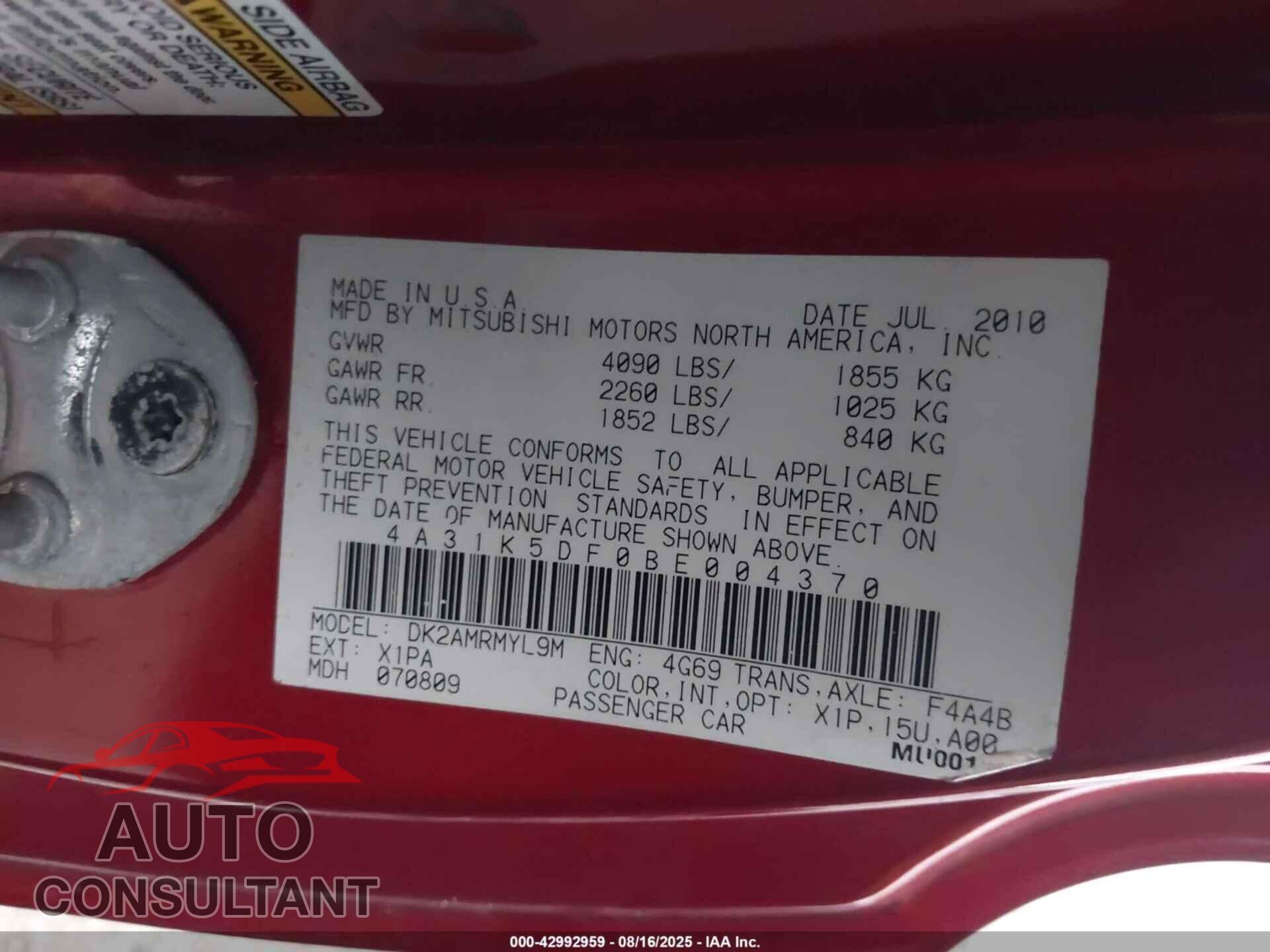 MITSUBISHI ECLIPSE 2011 - 4A31K5DF0BE004370