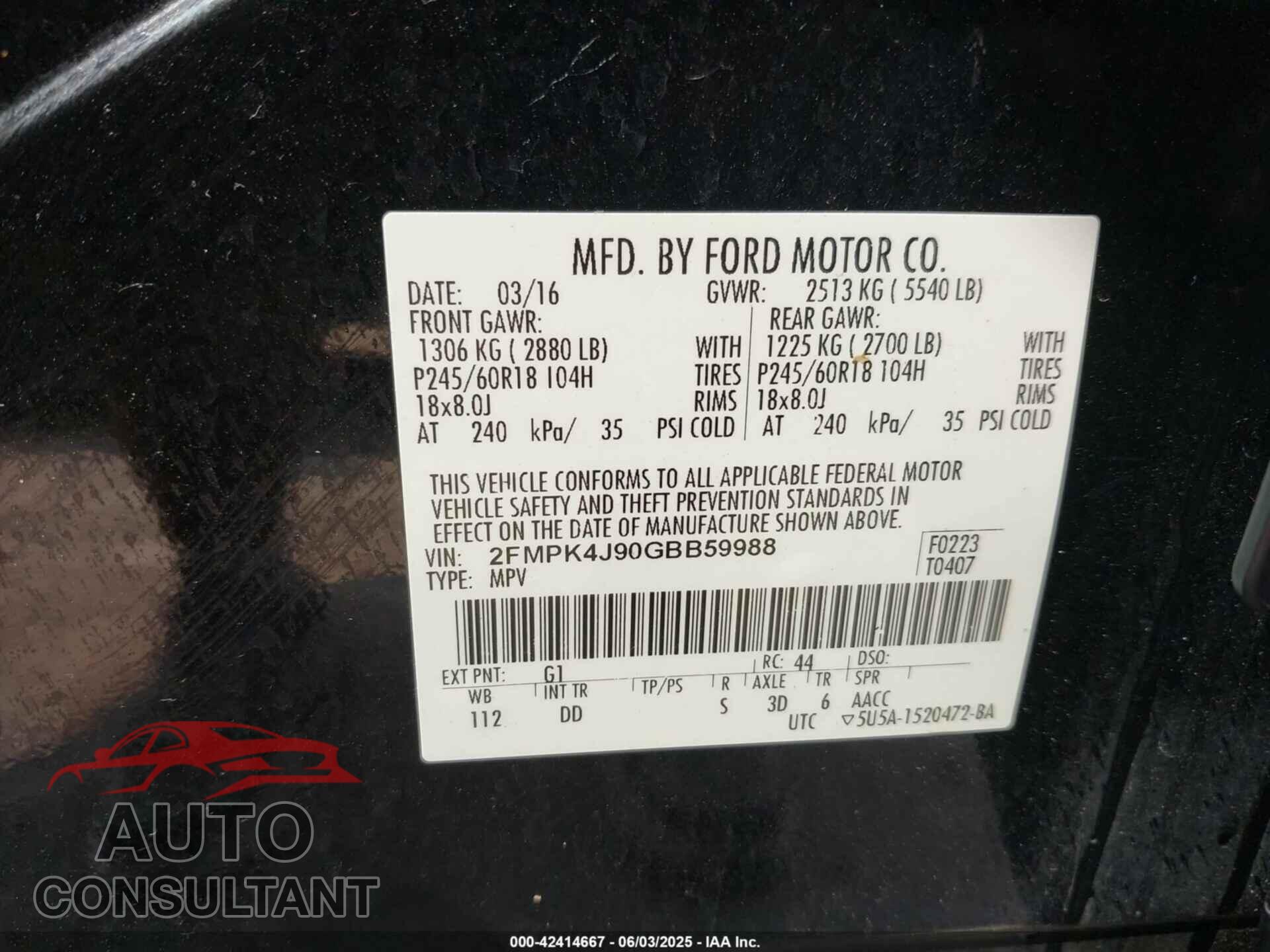 FORD EDGE 2016 - 2FMPK4J90GBB59988