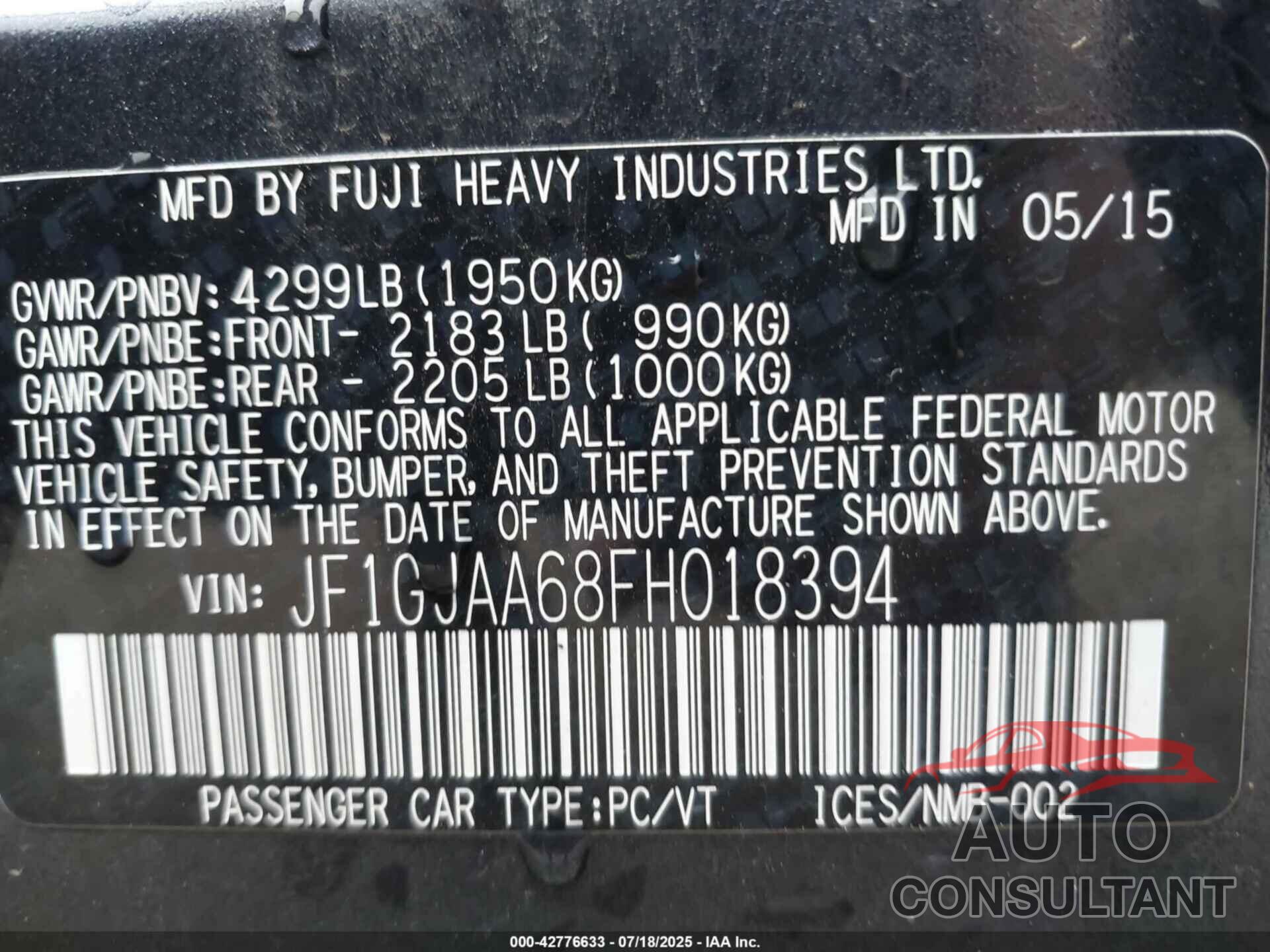 SUBARU IMPREZA 2015 - JF1GJAA68FH018394