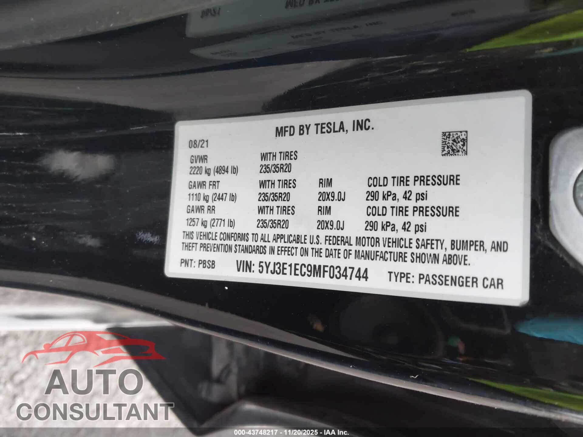 TESLA MODEL 3 2021 - 5YJ3E1EC9MF034744