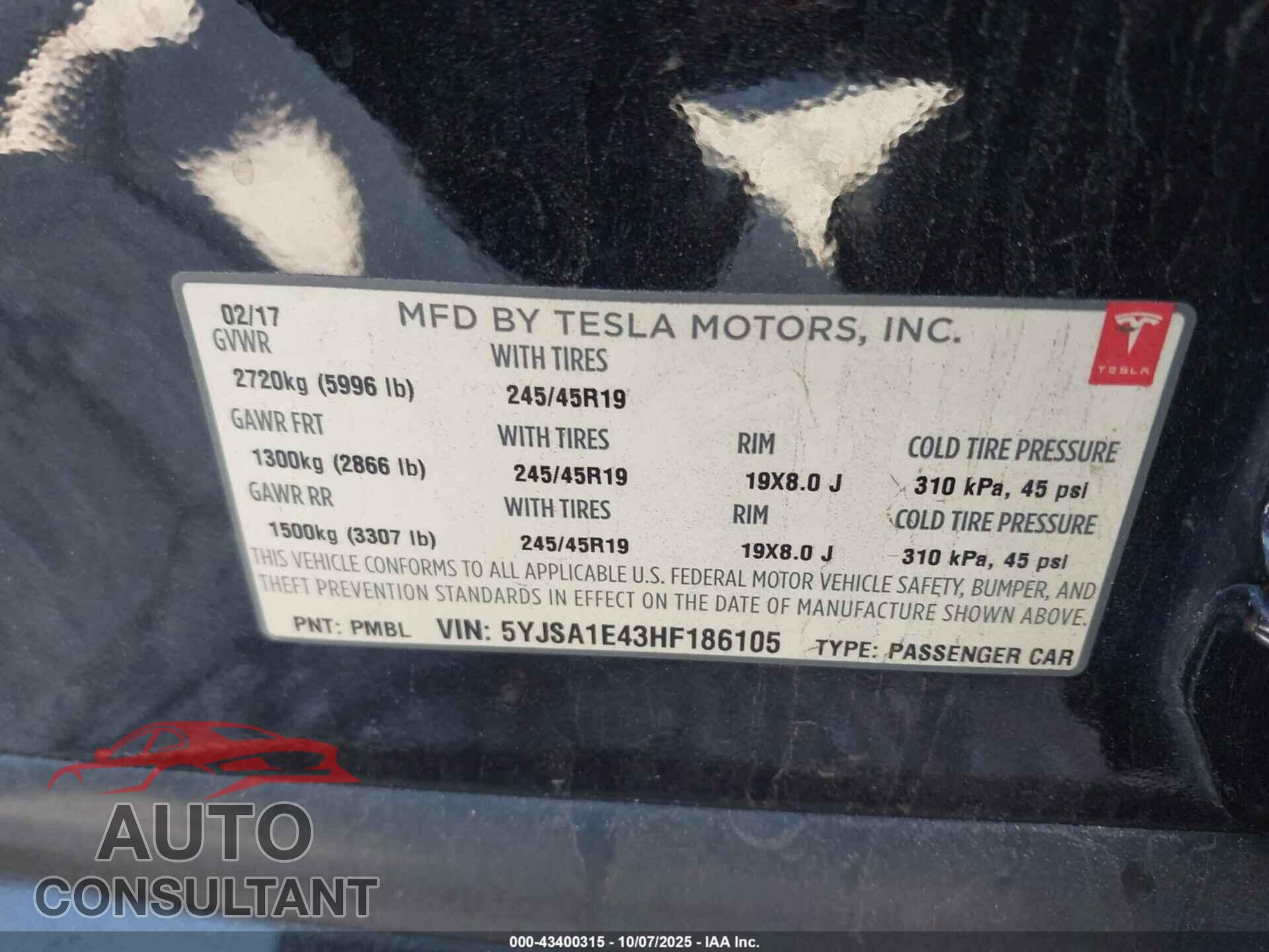 TESLA MODEL S 2017 - 5YJSA1E43HF186105
