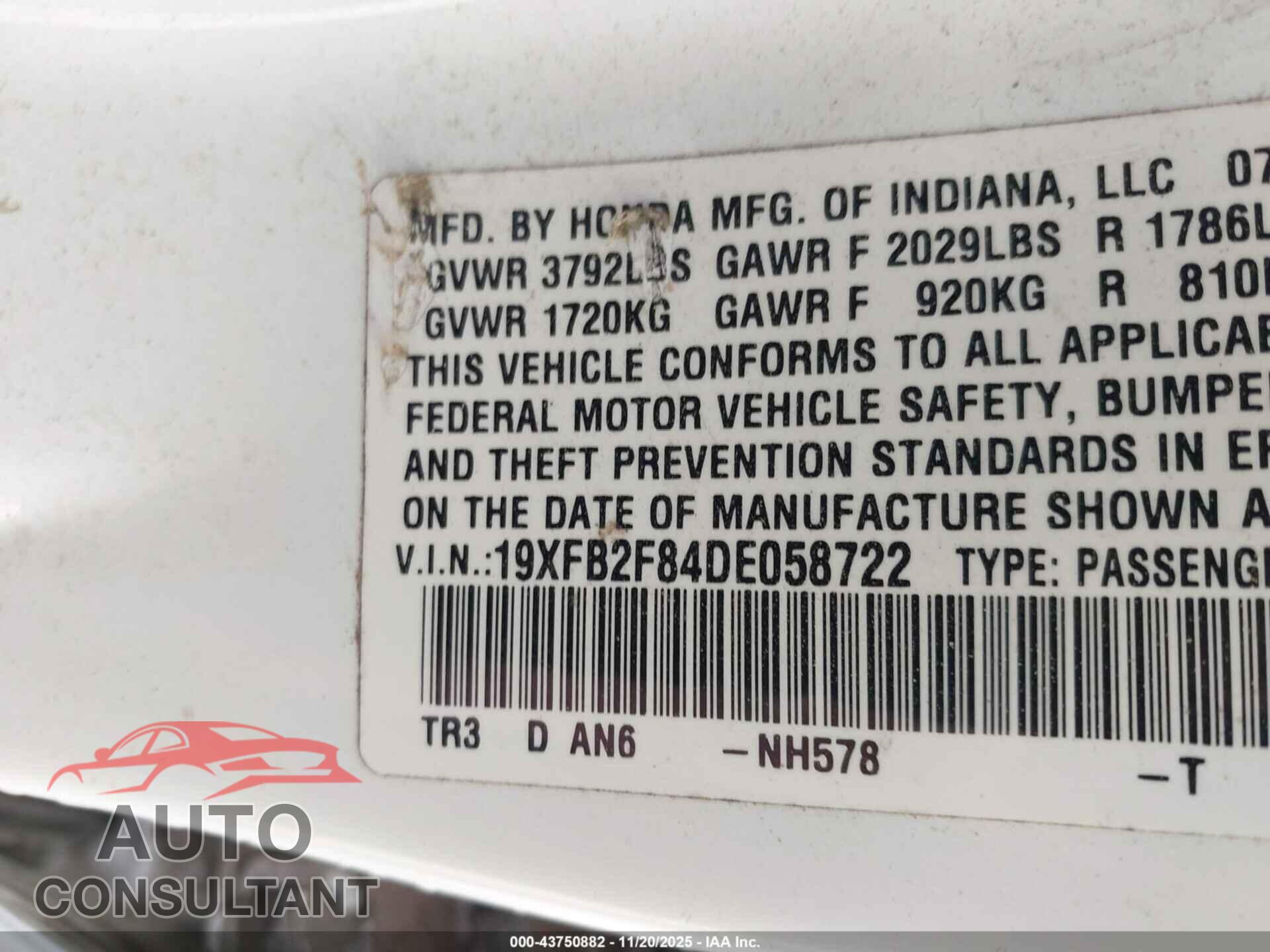 HONDA CIVIC 2013 - 19XFB2F84DE058722