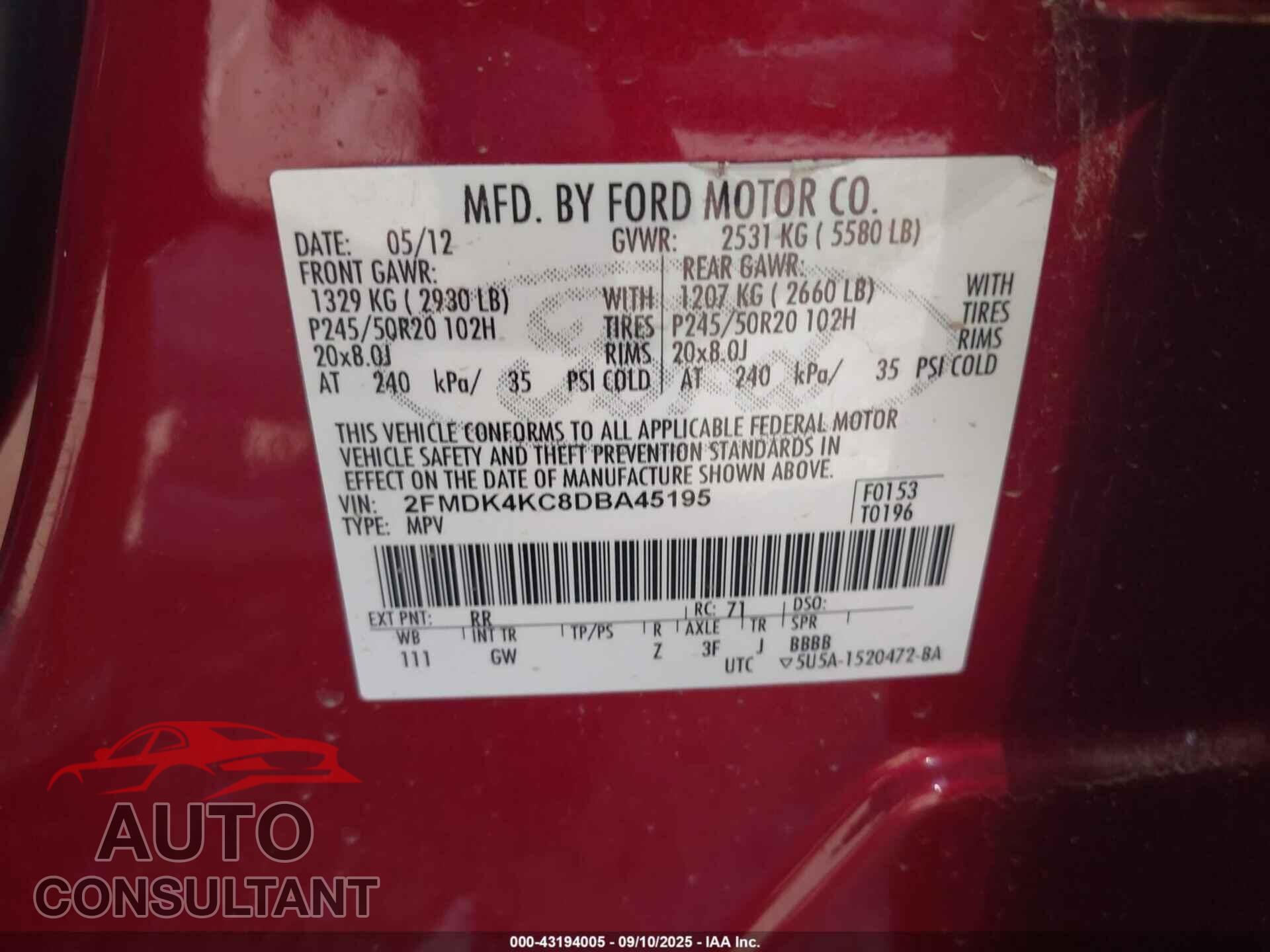 FORD EDGE 2013 - 2FMDK4KC8DBA45195