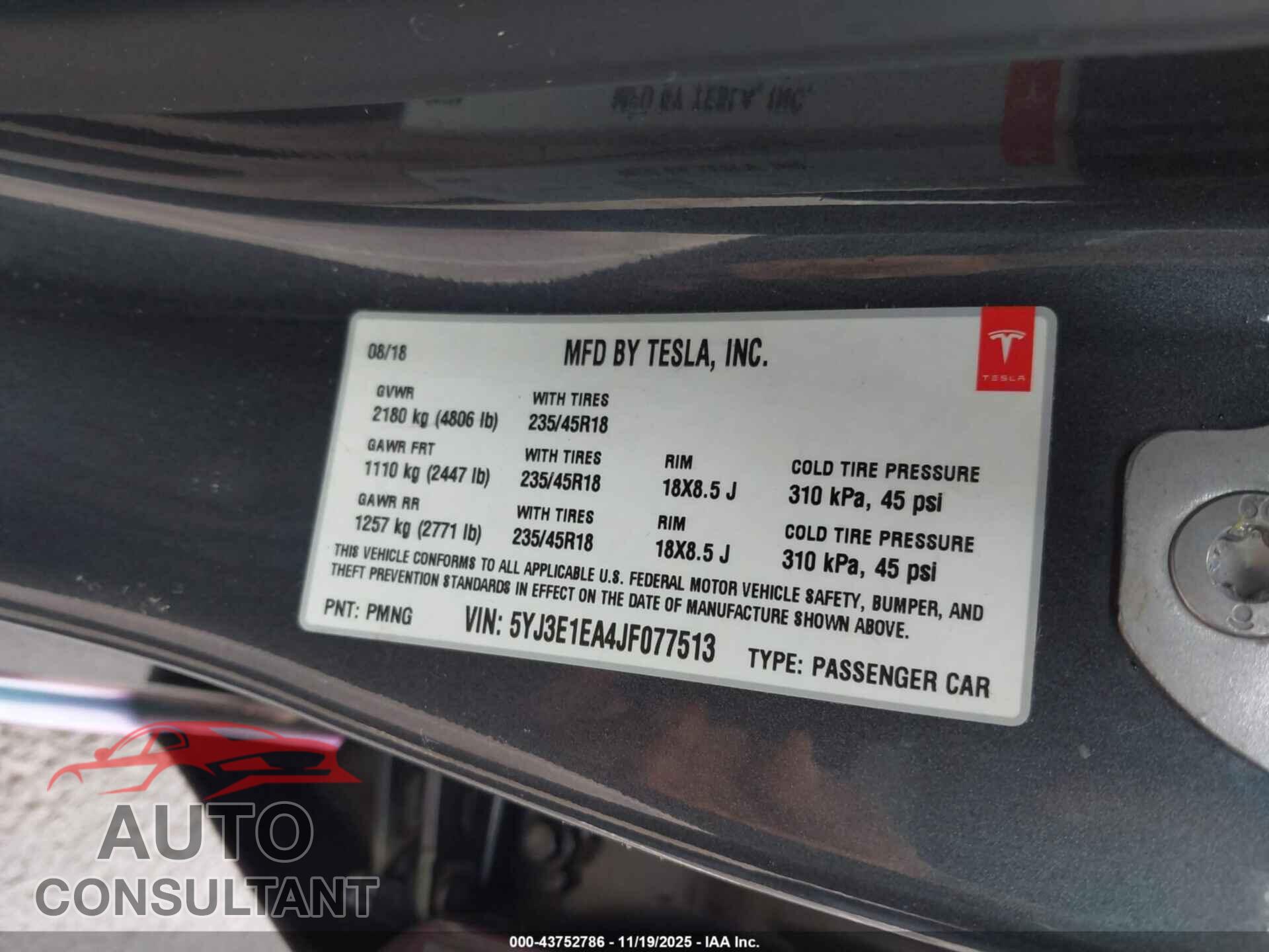 TESLA MODEL 3 2018 - 5YJ3E1EA4JF077513