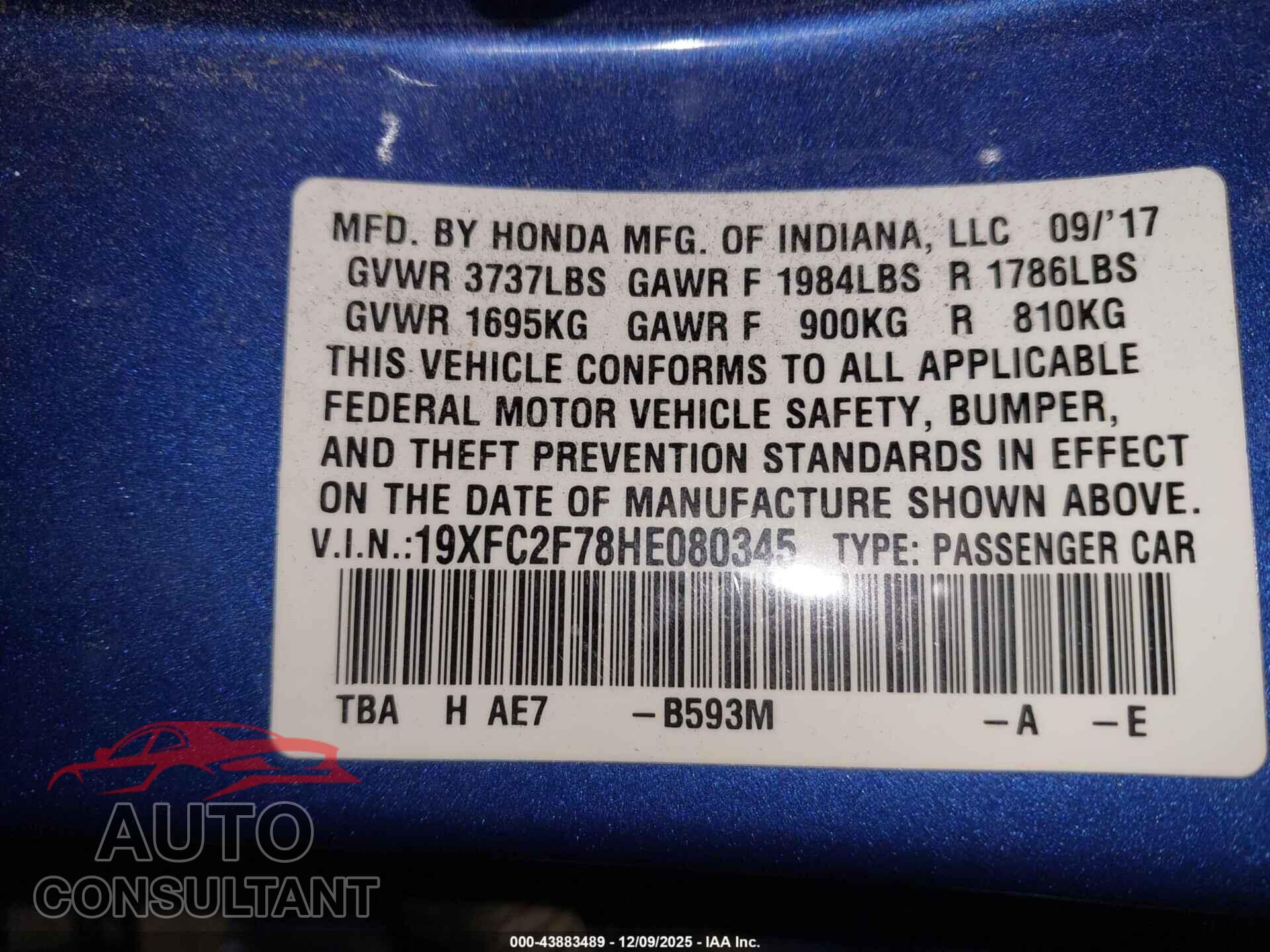 HONDA CIVIC 2017 - 19XFC2F78HE080345