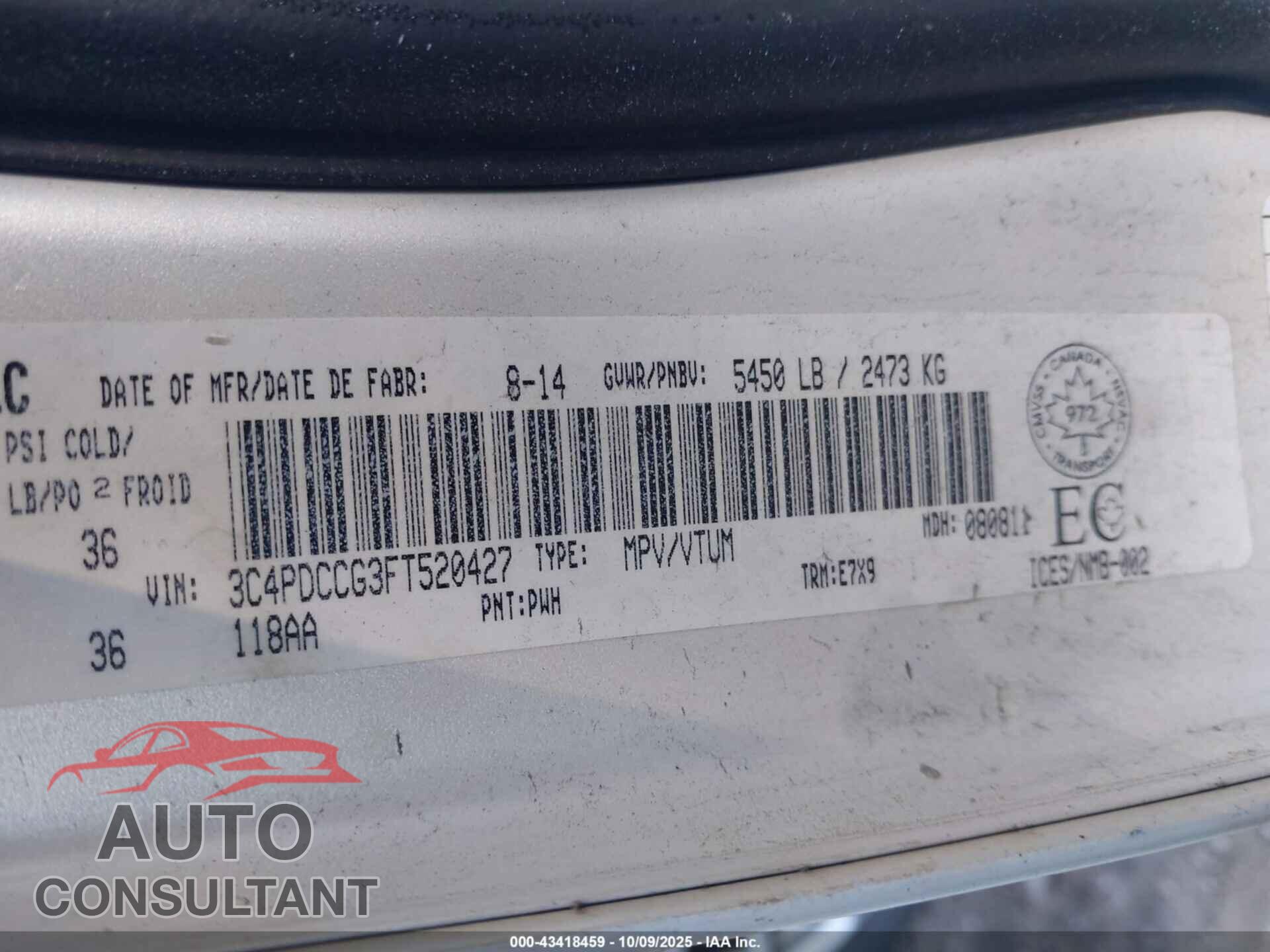 DODGE JOURNEY 2015 - 3C4PDCCG3FT520427