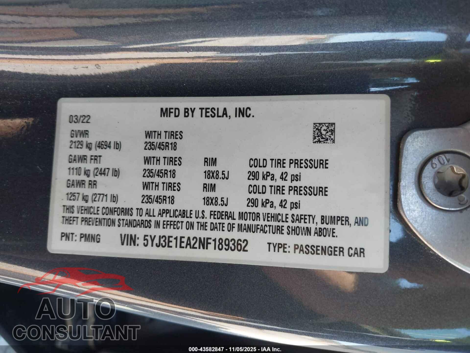 TESLA MODEL 3 2022 - 5YJ3E1EA2NF189362