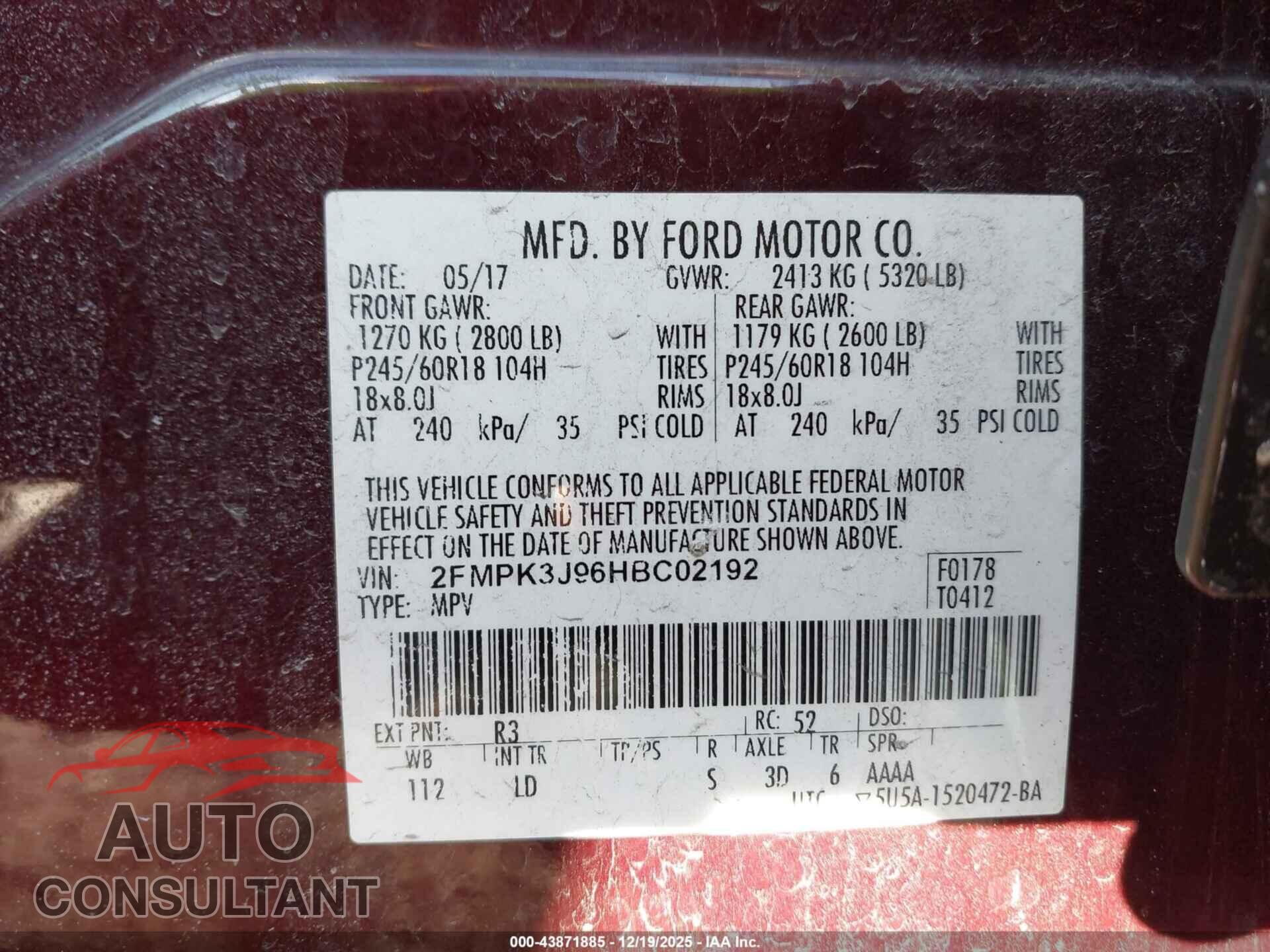 FORD EDGE 2017 - 2FMPK3J96HBC02192