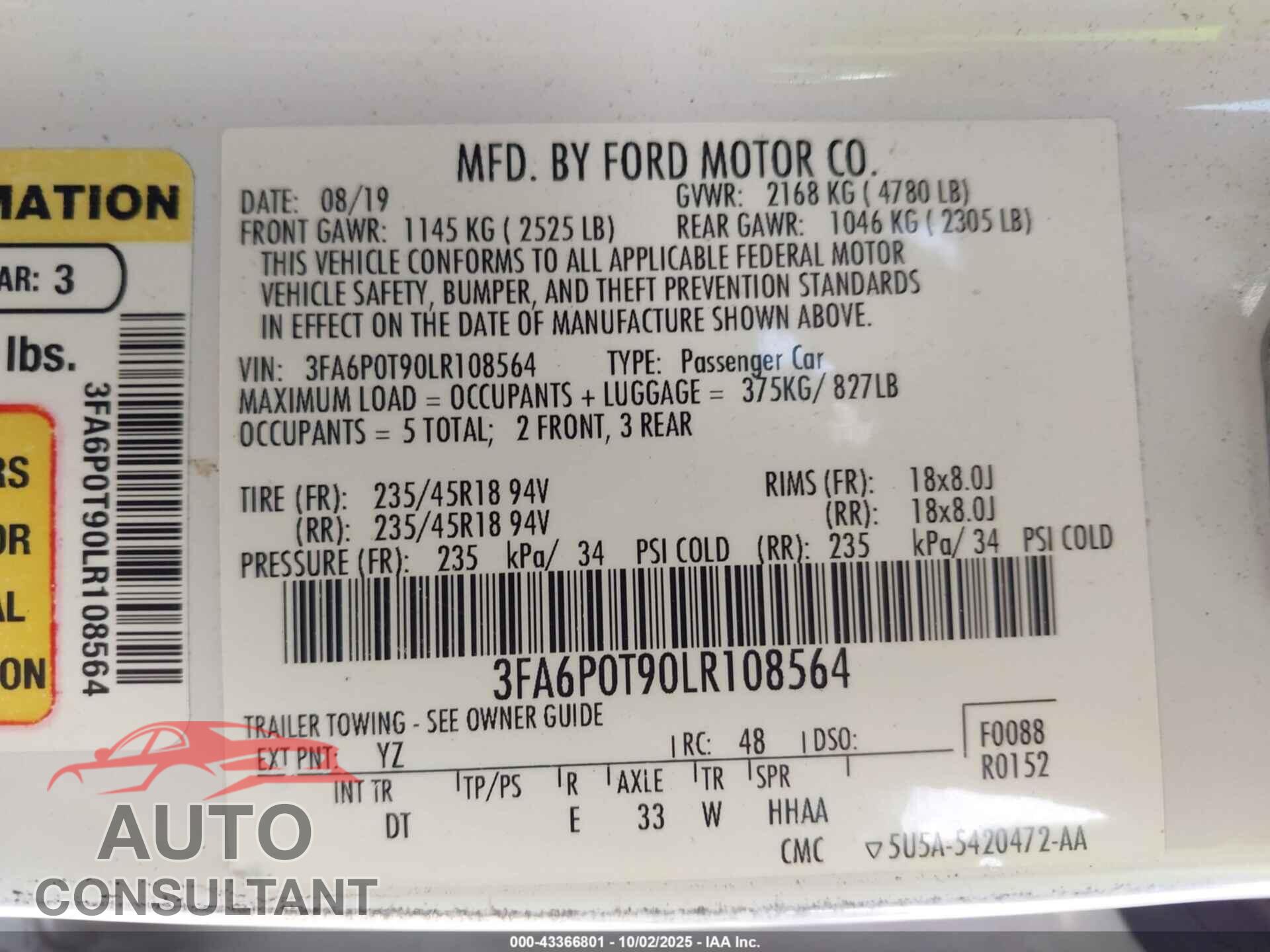 FORD FUSION 2020 - 3FA6P0T90LR108564