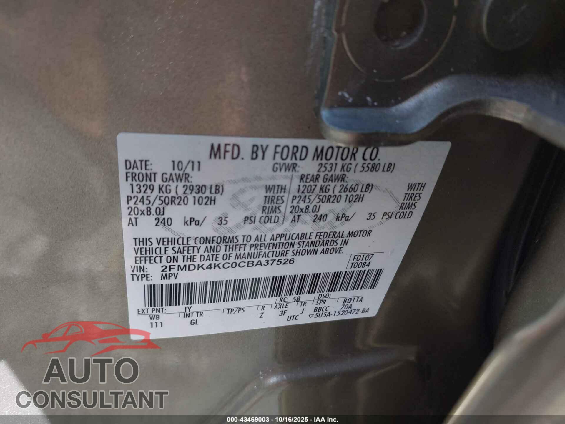 FORD EDGE 2012 - 2FMDK4KC0CBA37526