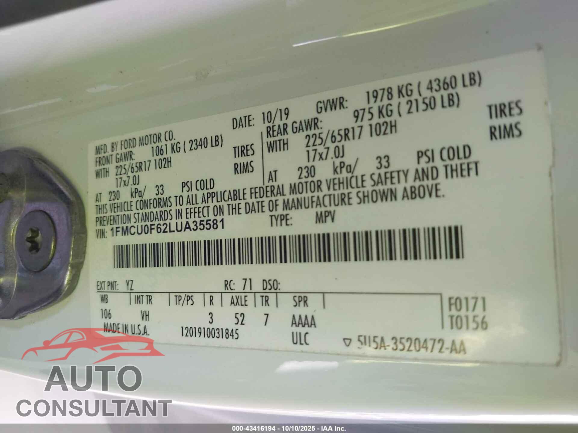 FORD ESCAPE 2020 - 1FMCU0F62LUA35581