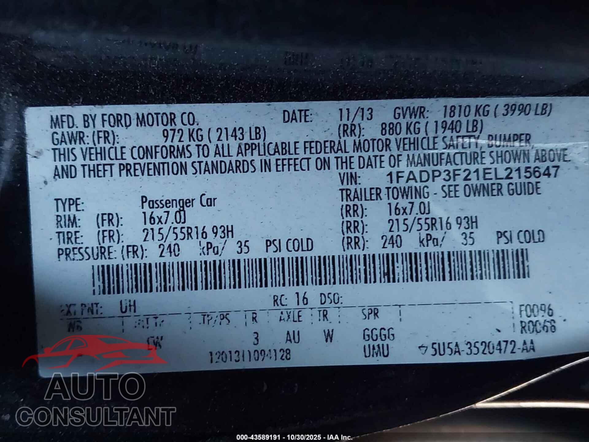 FORD FOCUS 2014 - 1FADP3F21EL215647