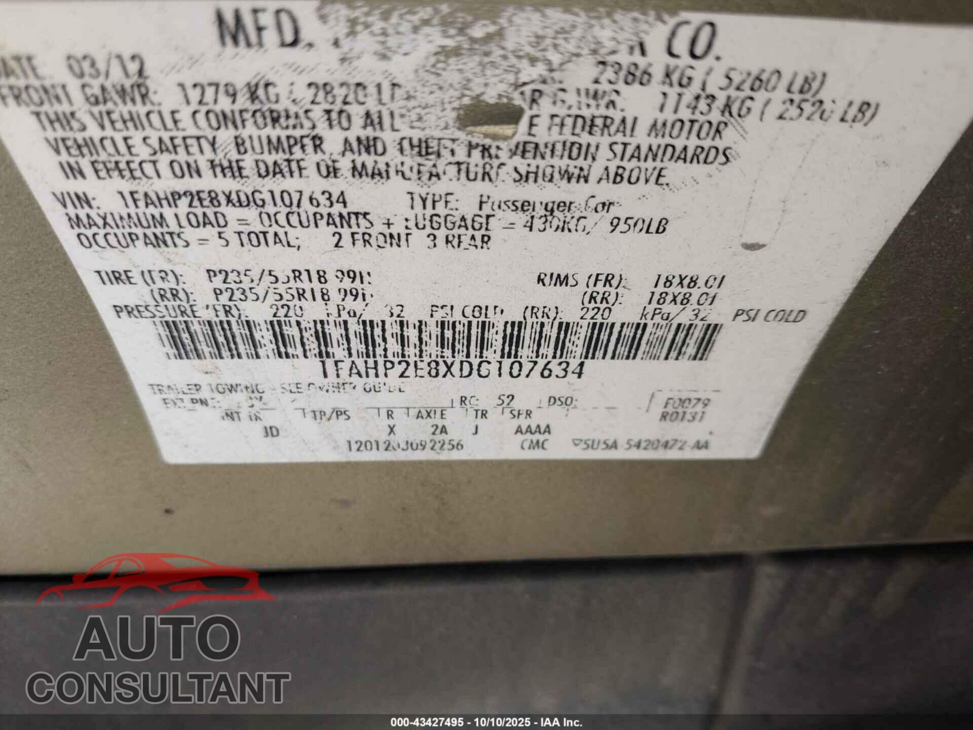 FORD TAURUS 2013 - 1FAHP2E8XDG107634