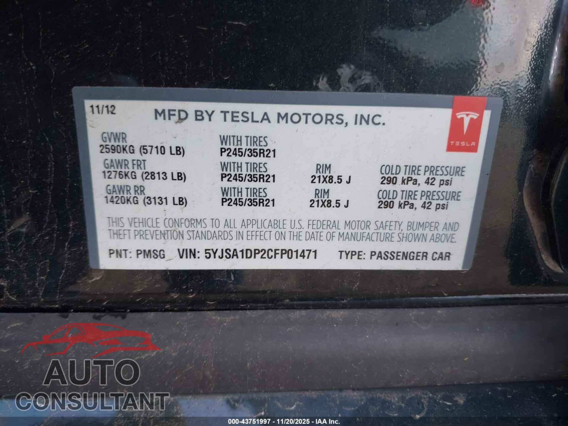 TESLA MODEL S 2012 - 5YJSA1DP2CFP01471